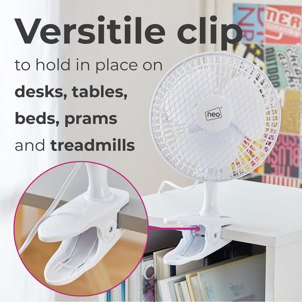 Neo 6 Inch Mini Clip and Base Mount Desk Fan - White