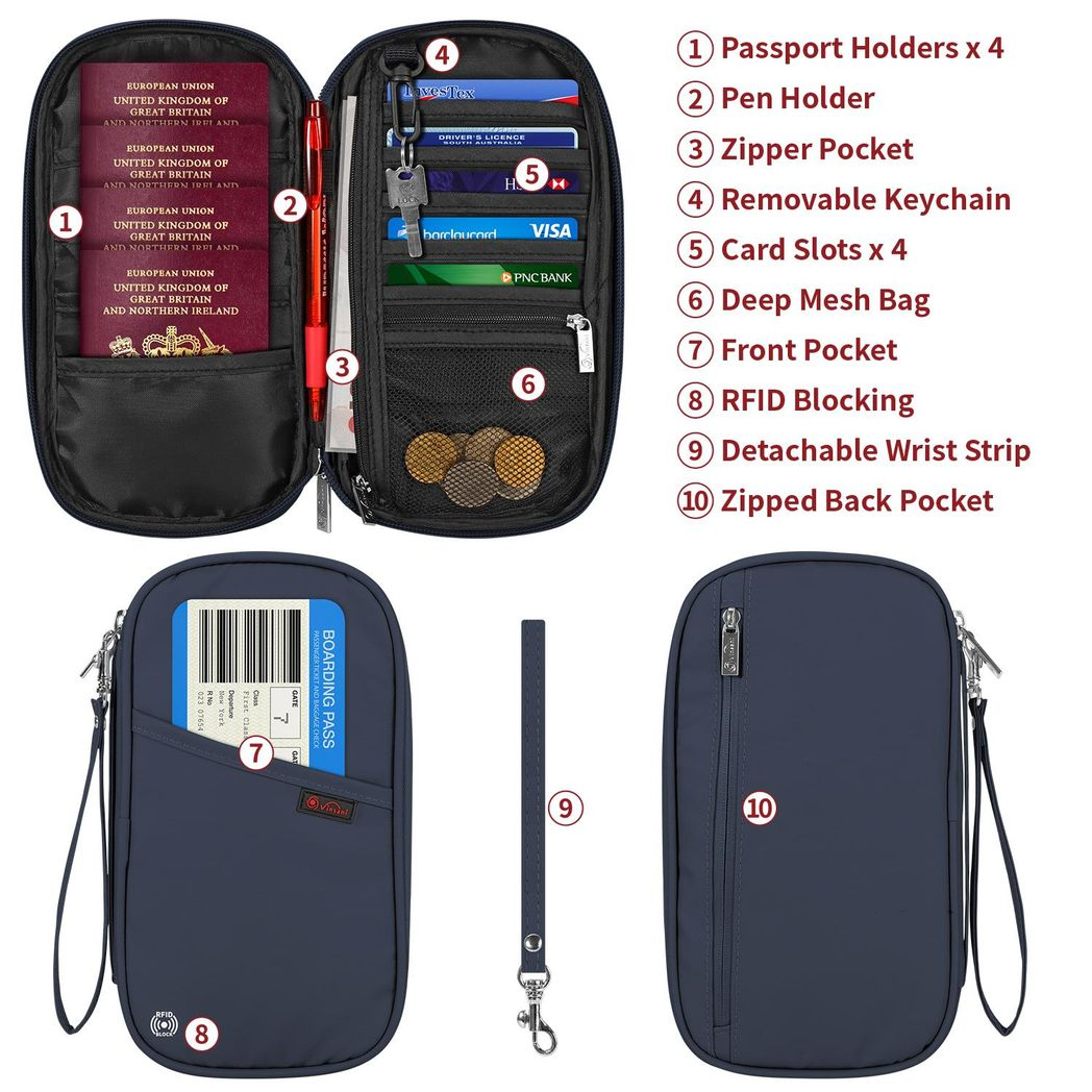 Vinsani Deluxe Passport Organizer Travel Wallet with RFID Protection, 4 Passport Holders, 5 Card Slots, Pen Slot and Zip Pocket