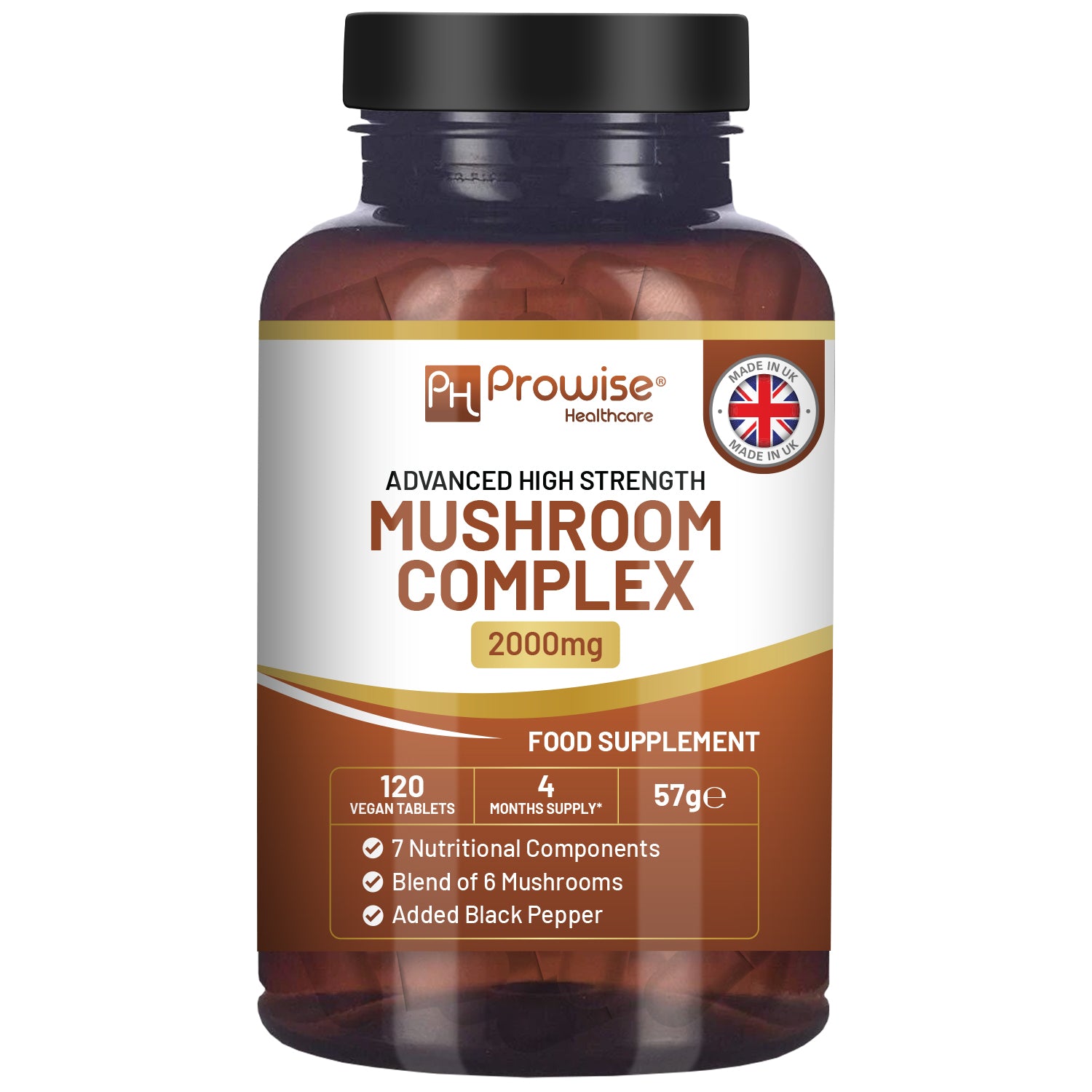 Prowise Healthcare Advanced Mushroom Complex 2000mg, 6 Mushroom Blend with Lion’s Mane, Chaga, Cordyceps, Shiitake, Reishi and Maitake, with Black Pepper, 120 Vegan Tablets, Made in UK