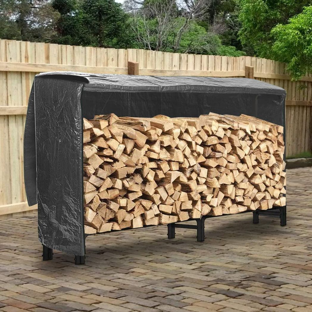 Neo 240cm Outdoor Metal Log Holder Rack with Weather Cover, Black Powder-Coated
