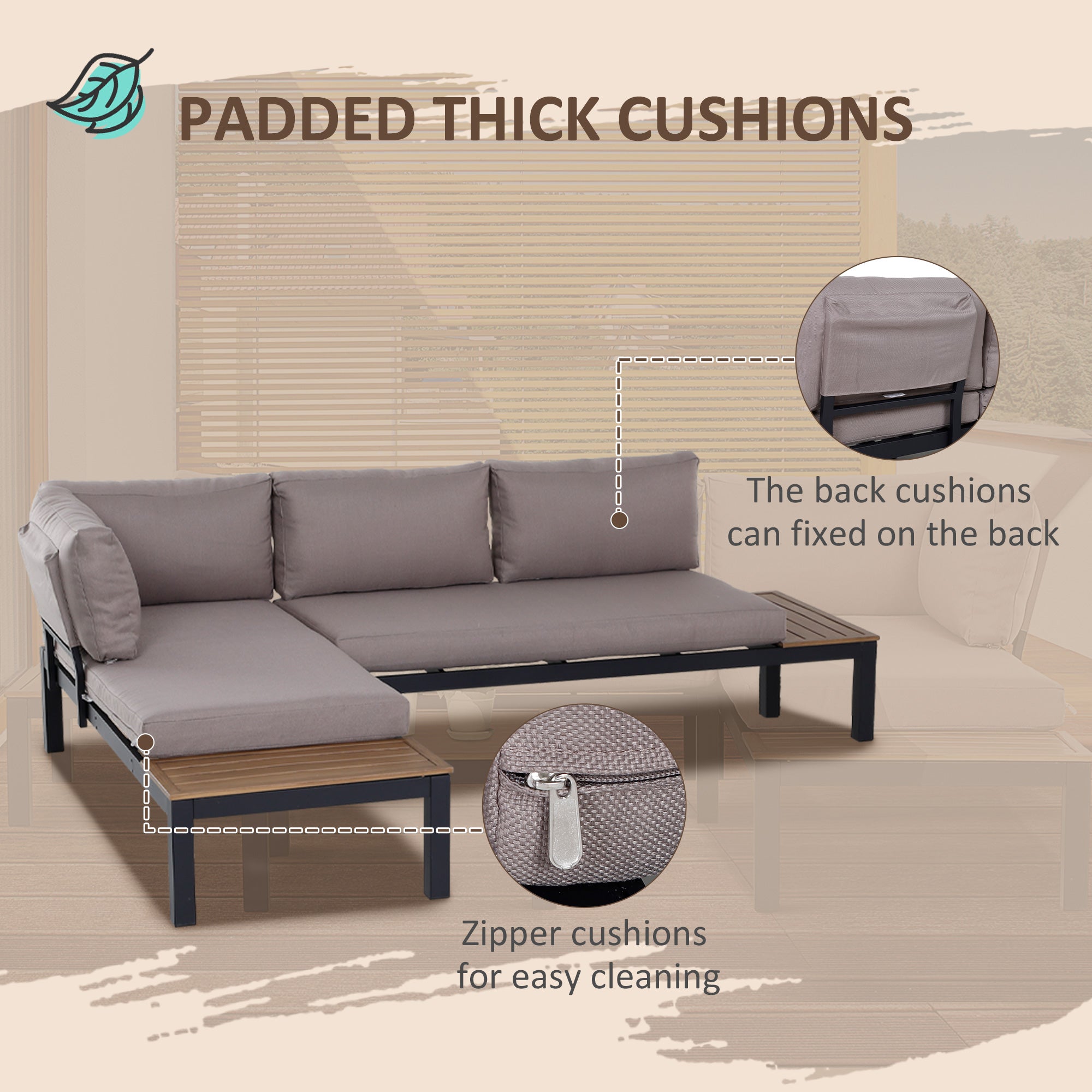 Outsunny 3-Piece Aluminium Frame Outdoor Lounge Set with Sofa, Chaise Lounge and Table, Mixed Grey