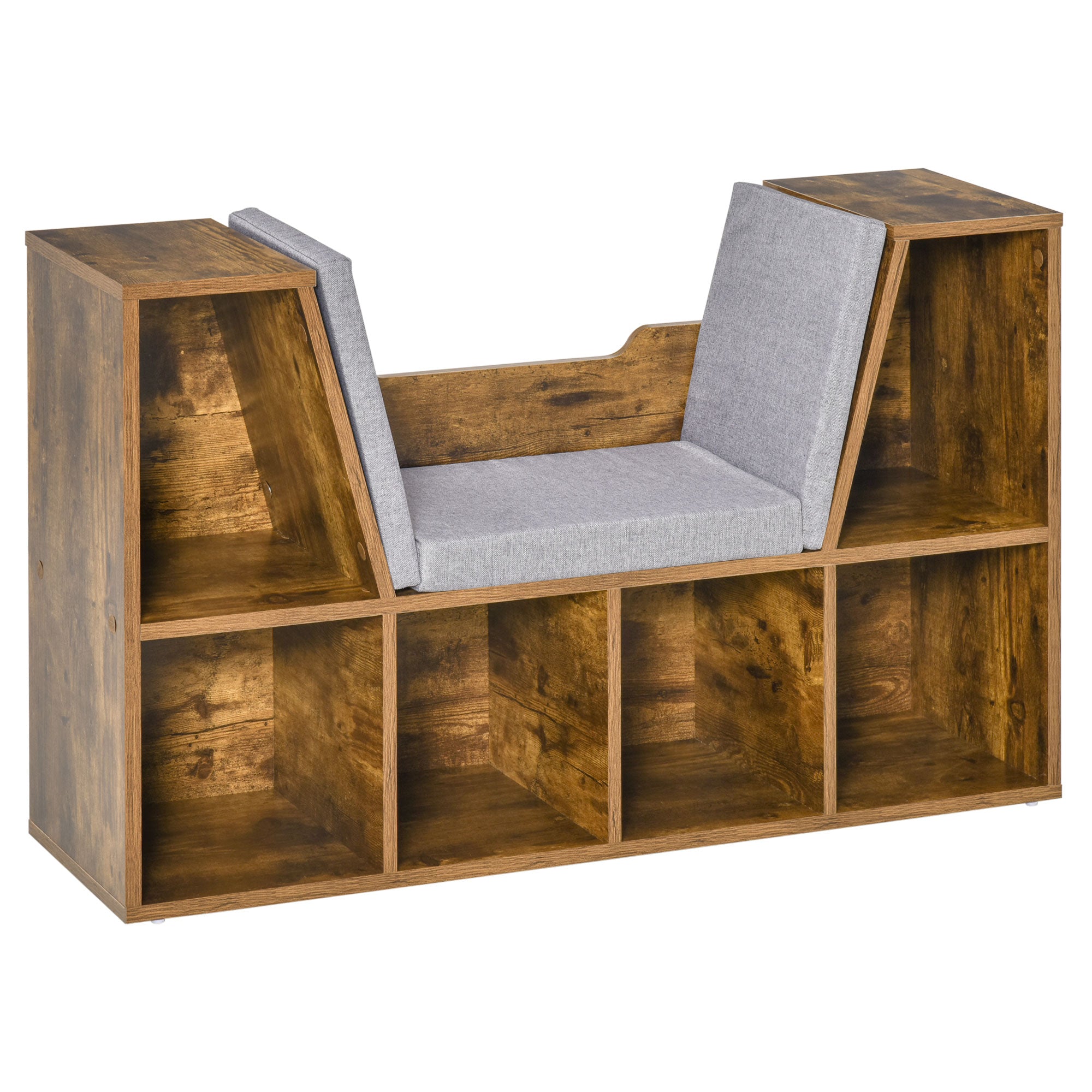 HOMCOM Kids Bookcase Storage Unit with 6 Cubbies and Padded Reading Seat, Brown