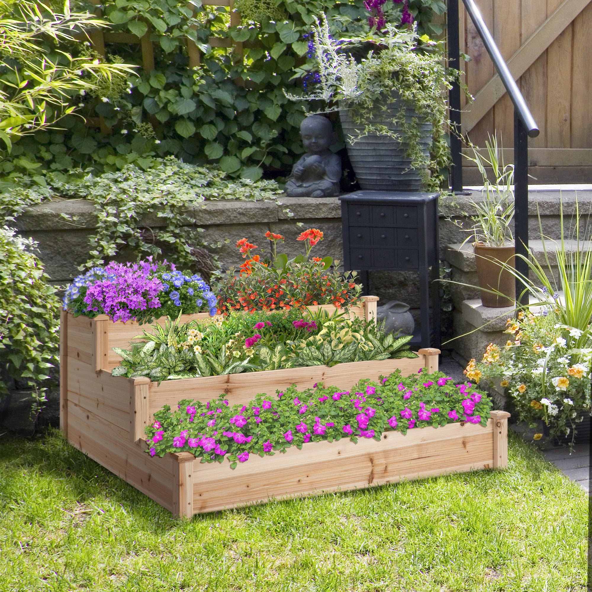 Outsunny Wooden 3-Tier Raised Planter Bed, 124x124x56cm