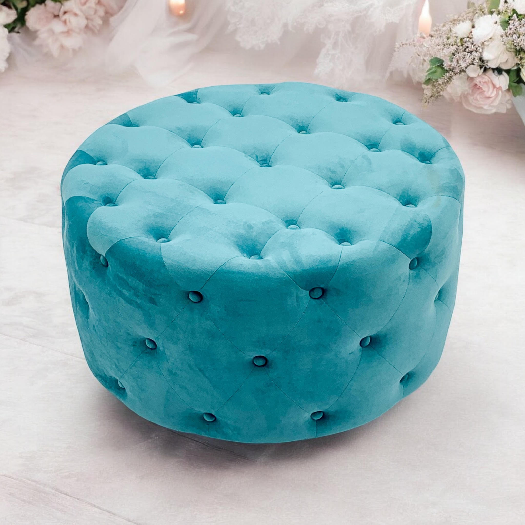 MSL 80 x 80cm Blue Buttoned Round Footstool Ottoman