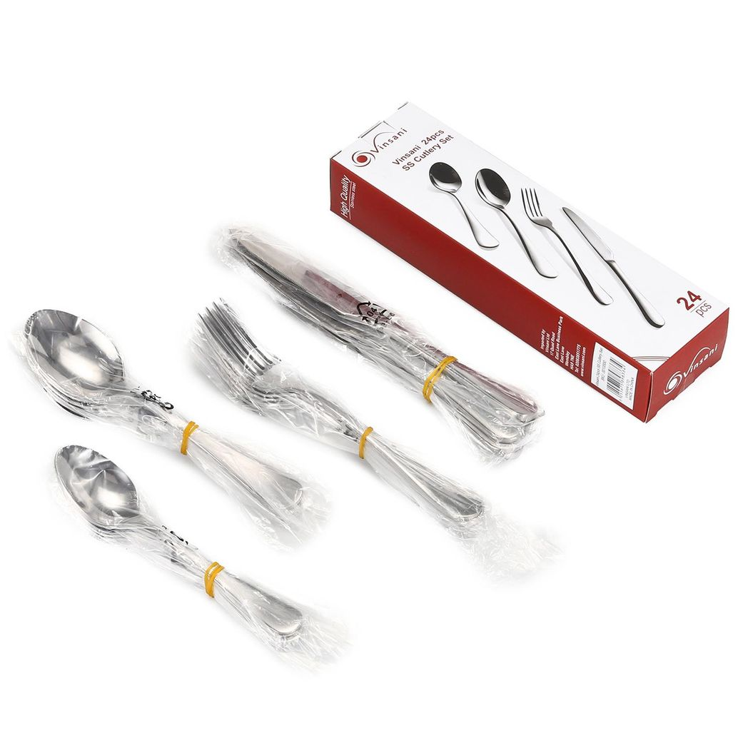 Vinsani 24-Piece Stainless Steel Cutlery Set for 6 with Gift Box, Polished Mirror Finish
