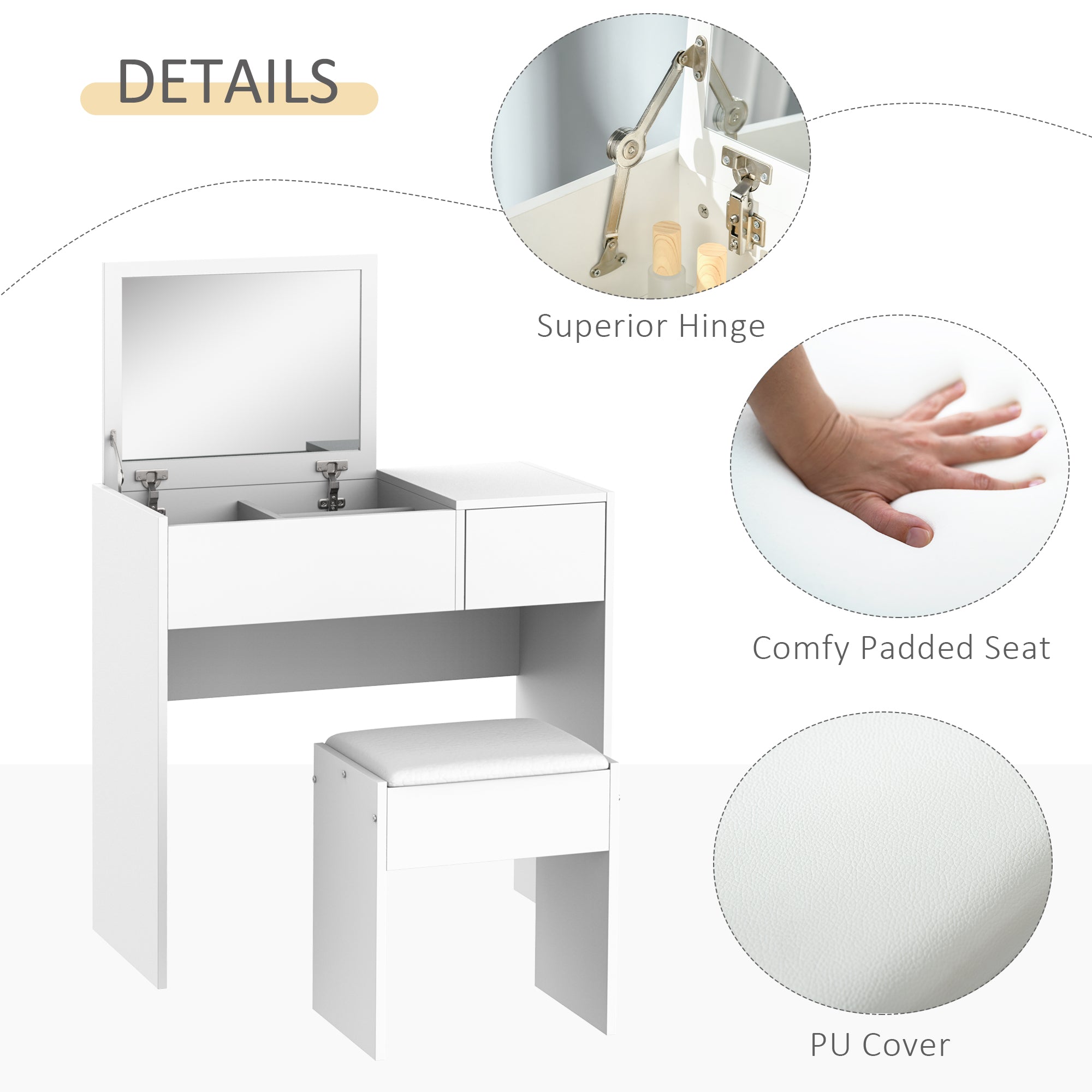 HOMCOM White 2-in-1 Dressing Table and Writing Table with Padded Stool, Flip-Top Mirror, Storage Compartment and Drawer