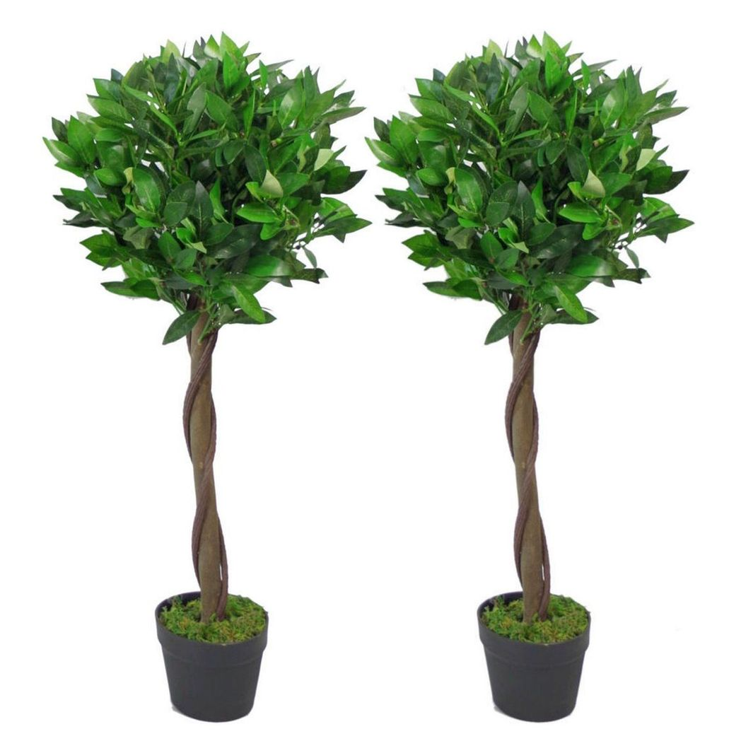 Leaf Design UK Pair of Artificial Bay Topiary Ball Trees, 90cm, Wired Stems, Realistic Foliage