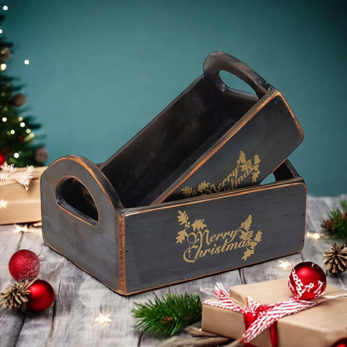 MSL Set of 2 Black Wooden Christmas Crates