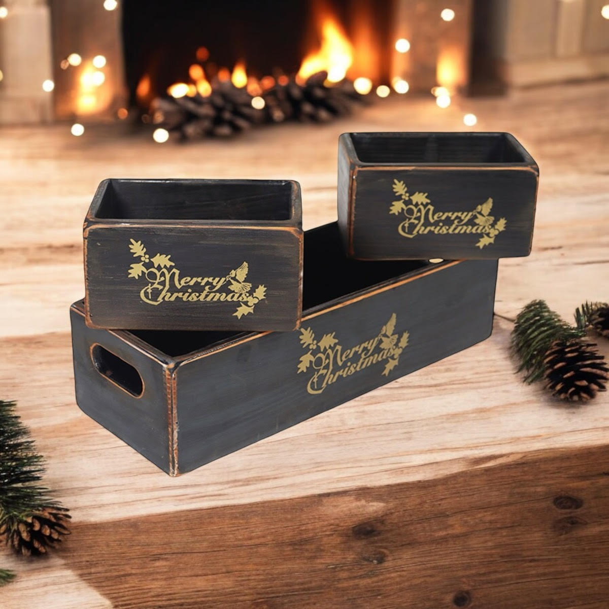 Set of 3 Hand Finished Black Christmas Wooden Boxes 34/15/15cm
