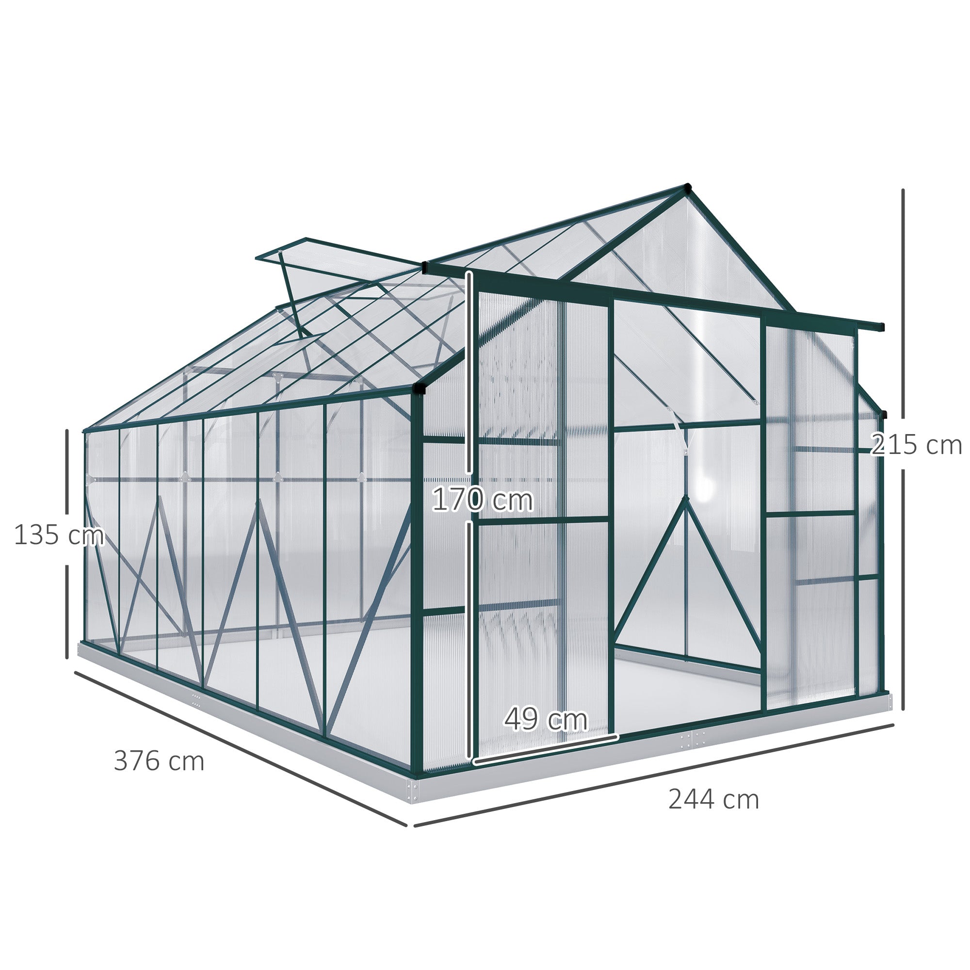 12x8ft Walk-In Polycarbonate Greenhouse with Double Sliding Doors
