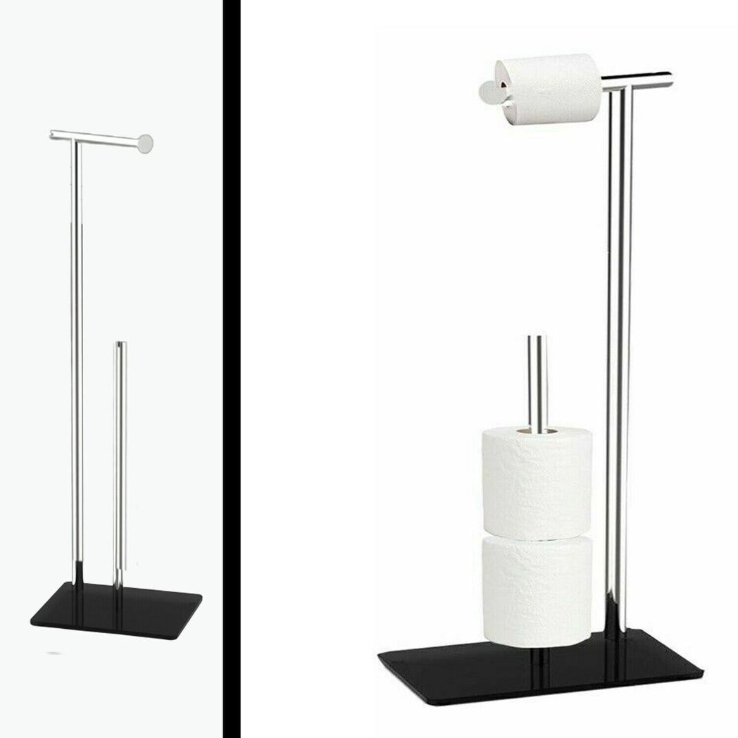 Free-Standing Stainless Steel Toilet Roll Holder and Storage Stand with Black Tempered Glass Base
