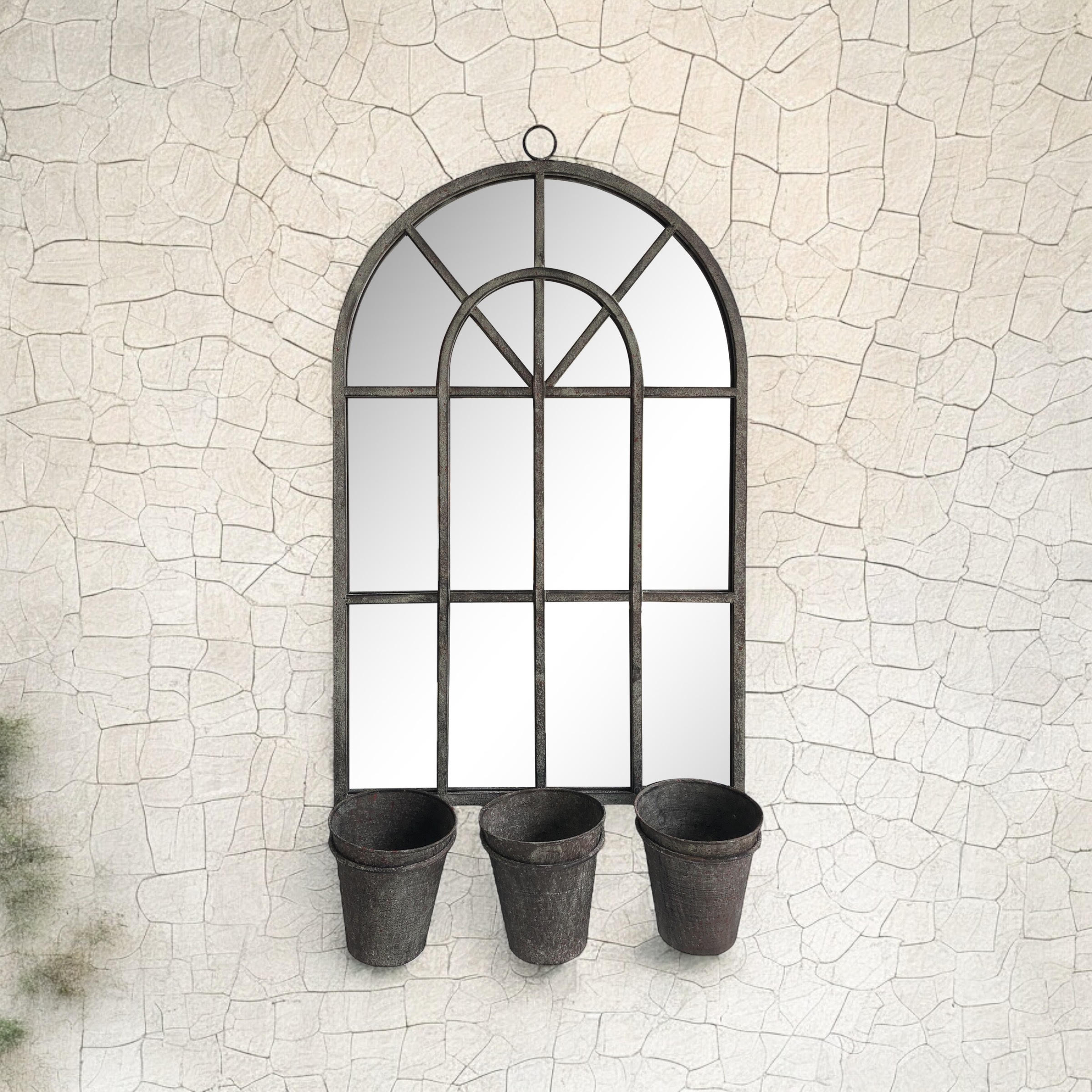 78cm Rusty Wall Mirror with Triple Planter Holders and Pots