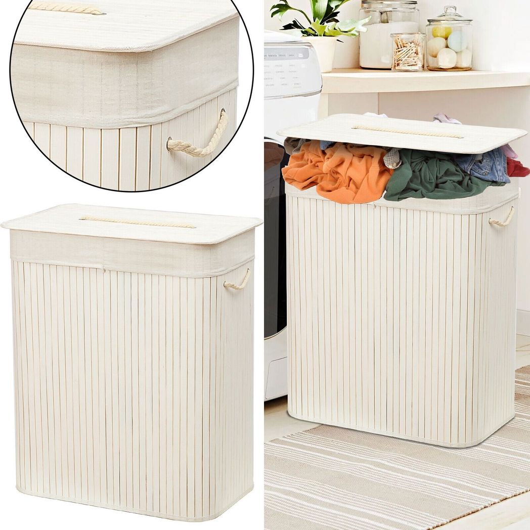 Rectangular Bamboo Laundry Basket with Lid and Rope Handles, White