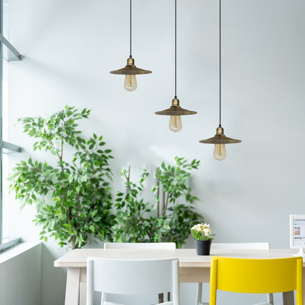 3 Head Vintage Industrial Brushed Brass Ceiling Pendant Easy Fit Light  Metal 22cm Ceiling Lighting Shade