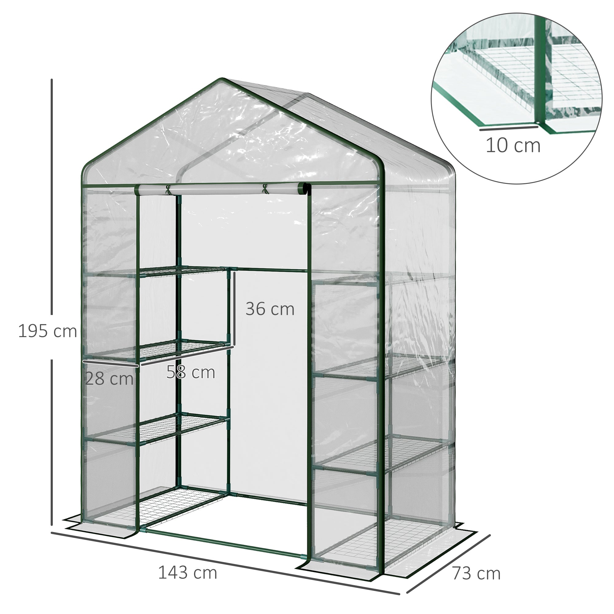 Outsunny 4 Tier 8 Shelf Walk-In Portable Greenhouse Steel Frame PVC Cover 143 x 73 x 195 cm