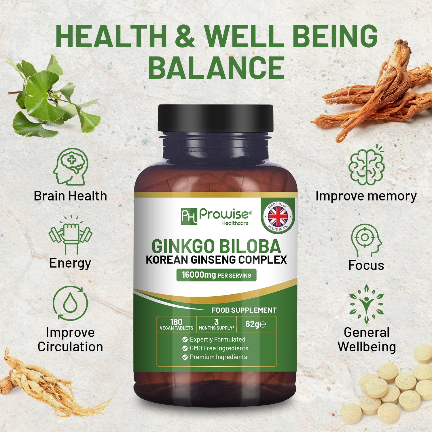 Prowise Ginkgo Biloba & Korean Ginseng 16000mg Vegan Tablets 180