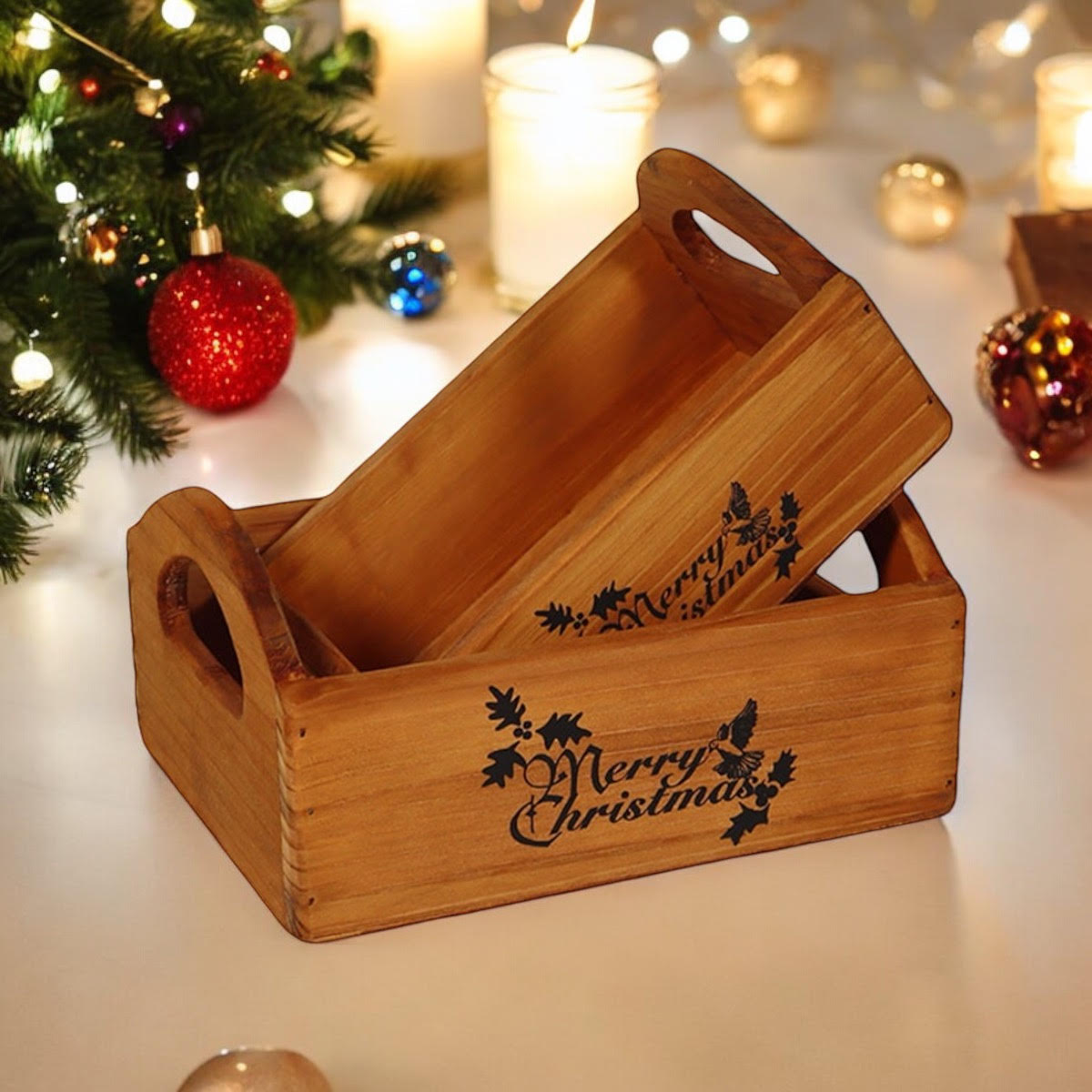 MSL Set of 2 Hand Finished Wooden Christmas Boxes