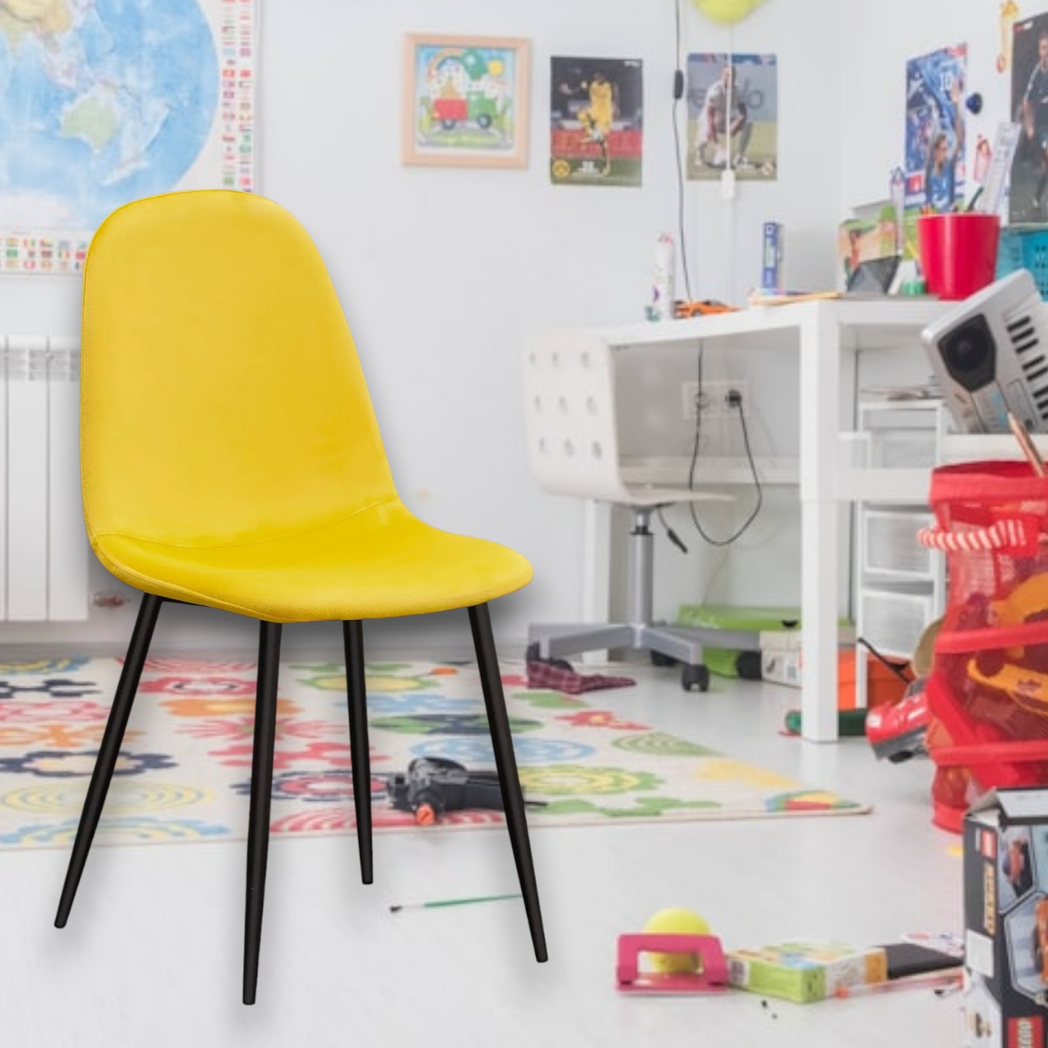 MSL Yellow Fabric Cushioned Chair with Black Eiffel-Style Metal Legs, Modern Ergonomic Seat