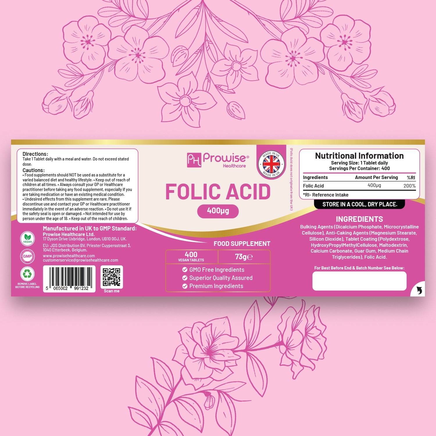 Prowise Folic Acid 400 mcg Tablets, 400 Vegan Vitamin B9 Tablets