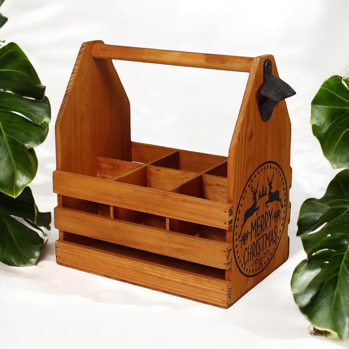 Rustic Hand-Finished Wooden 6 Bottle Holder with Metal Opener