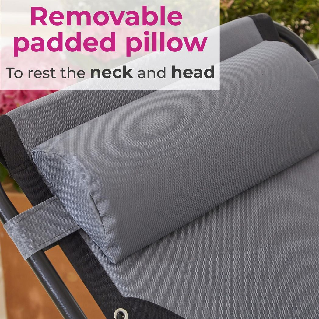 Neo Grey Pair of XL Outdoor Zero Gravity Sun Loungers with Removable Pillows and Cup Holder Tray
