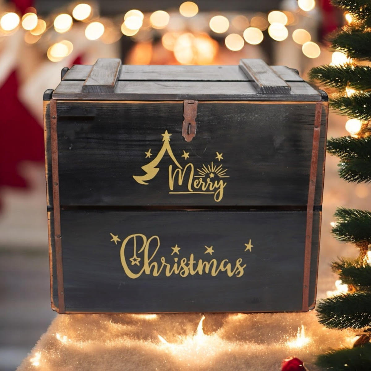 MSL 42cm Black Wooden Christmas Box with Lift-Up Lid, Hand Finished