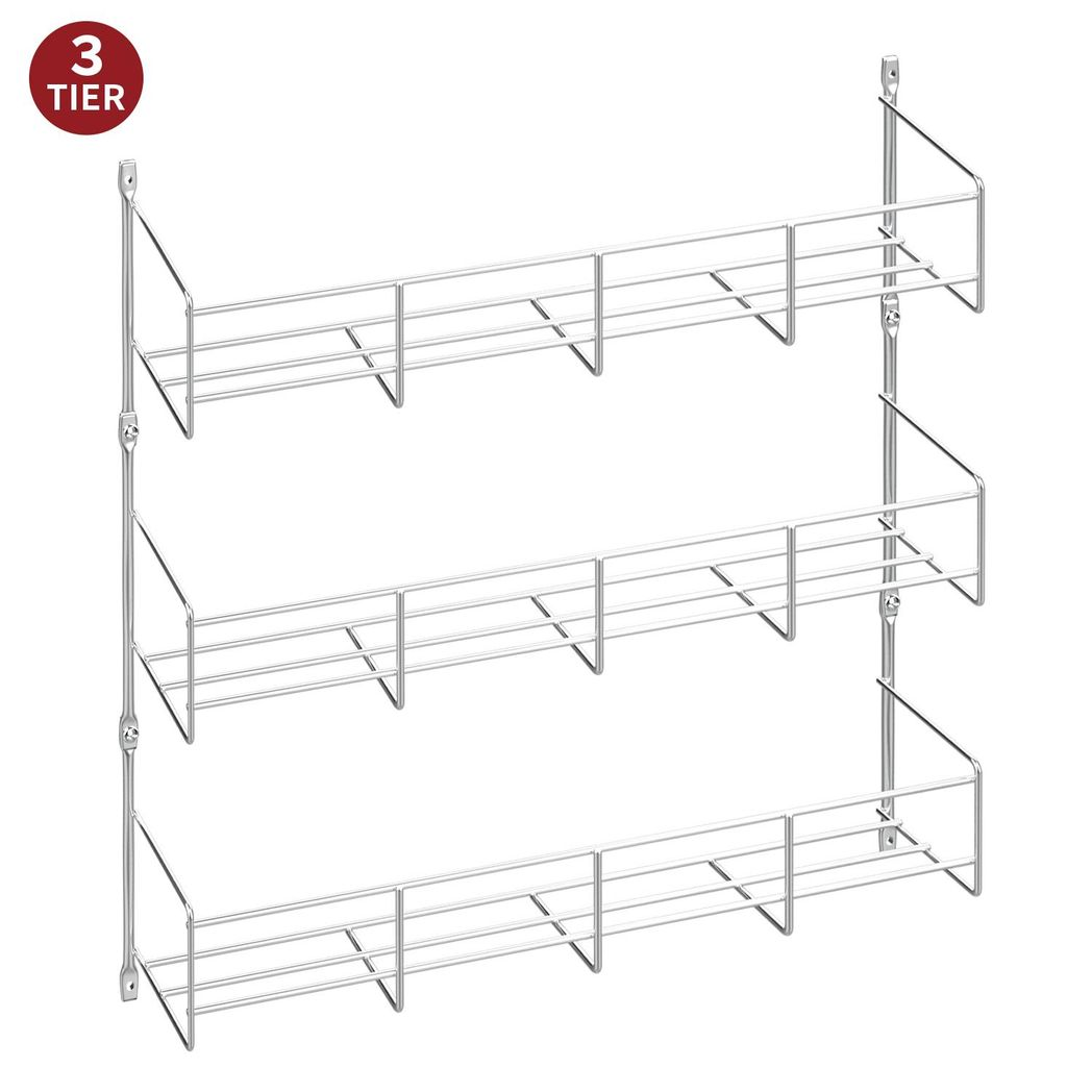 Vinsani 3 Tier Chrome Herb and Spice Rack Organiser, Wall or Cupboard Door Mount, Holds Up to 24 Spice Jars