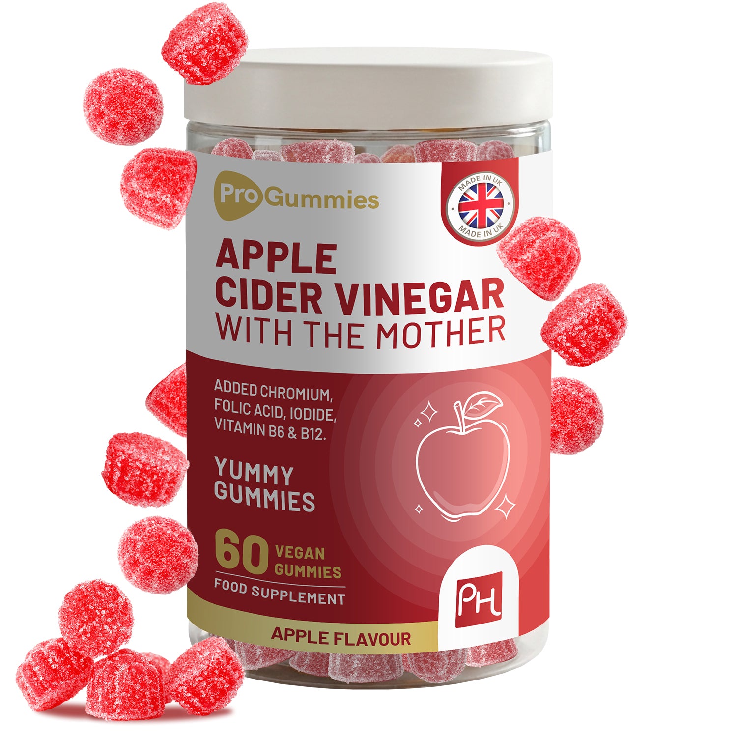 Prowise Healthcare Apple Cider Vinegar Gummies with The Mother 1000mg, Vitamin B12, Vitamin B6, Folic Acid, Chromium & Iodine, 60 Vegan Gummies, Apple Flavour, Made in UK