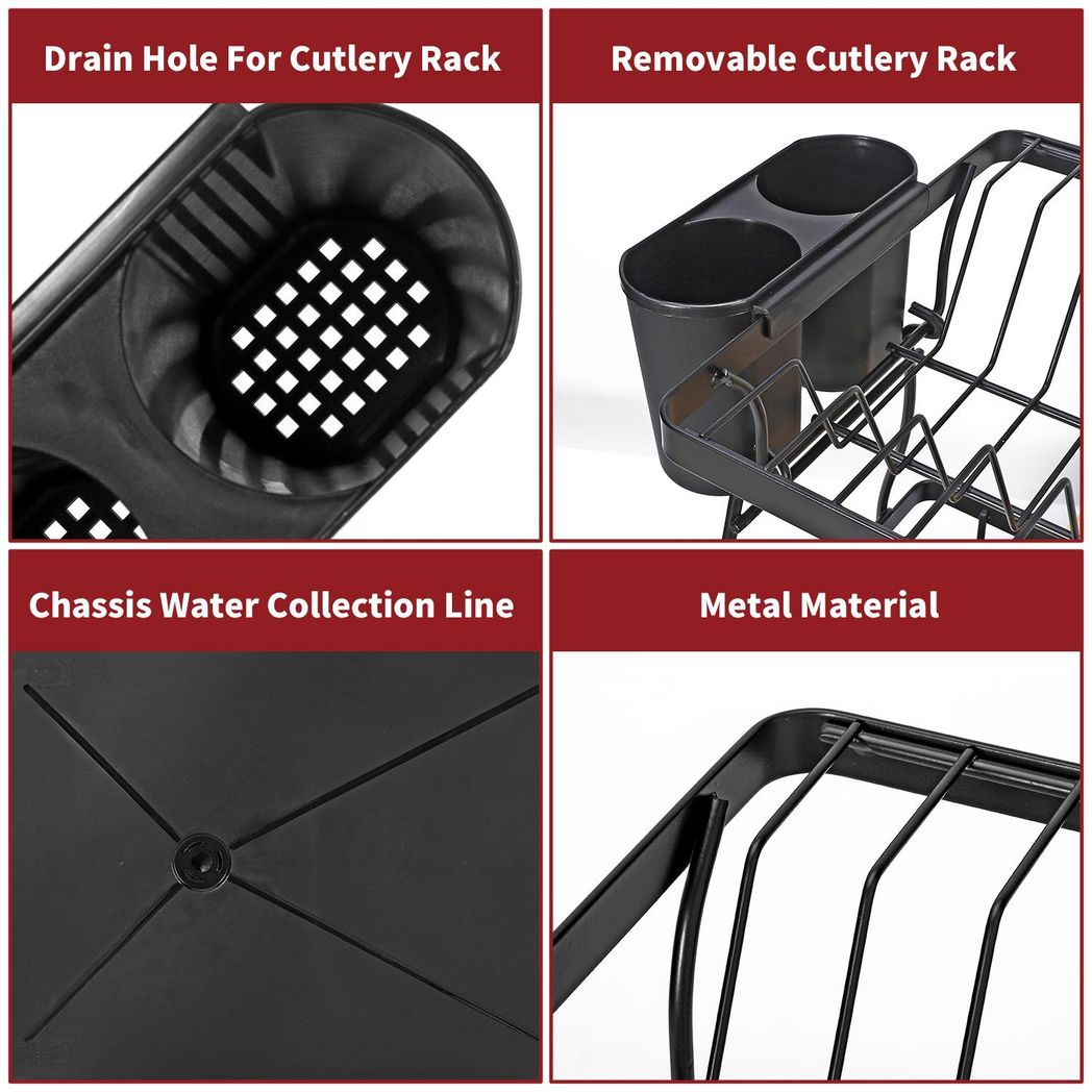 Vinsani 2-Tier Detachable Dish Drying Rack with Automatic Drainage, Stainless Steel, Utensil Holder and Drip Tray