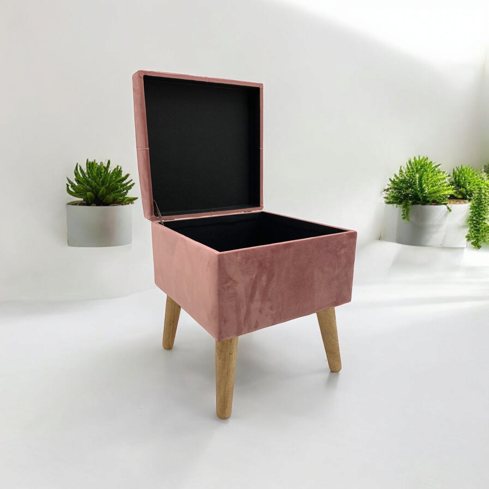 Pink Velvet Storage Trunk Footstool Ottoman with Wooden Legs 33 x 33 x 42 cm