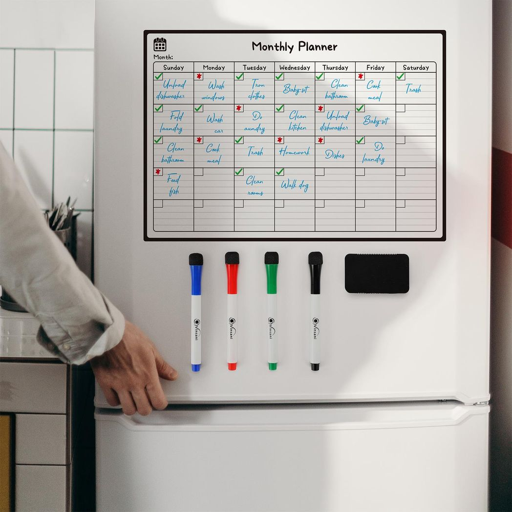 Vinsani Magnetic Monthly Planner Whiteboard with 4 Markers & Eraser
