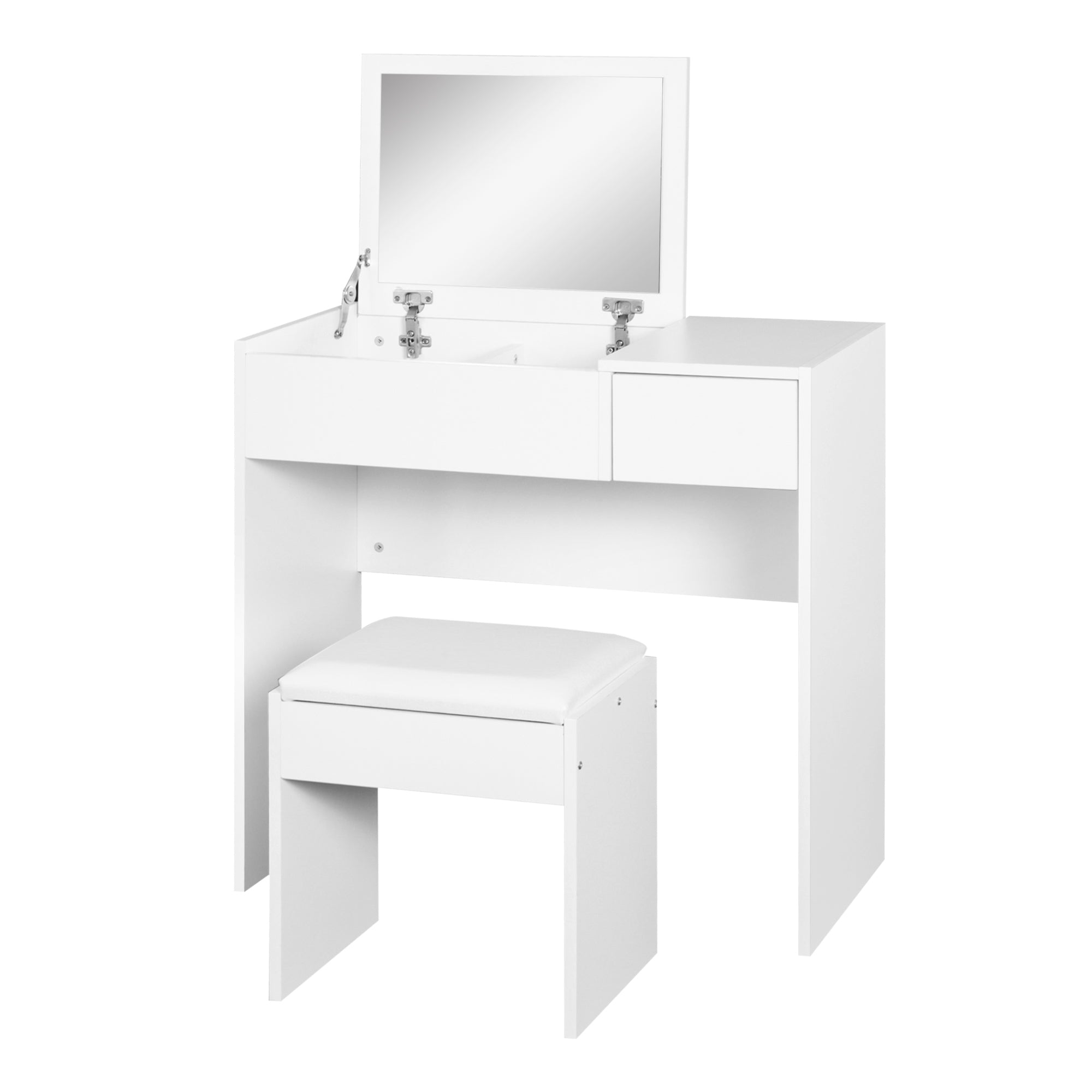 HOMCOM White 2-in-1 Dressing Table and Writing Table with Padded Stool, Flip-Top Mirror, Storage Compartment and Drawer
