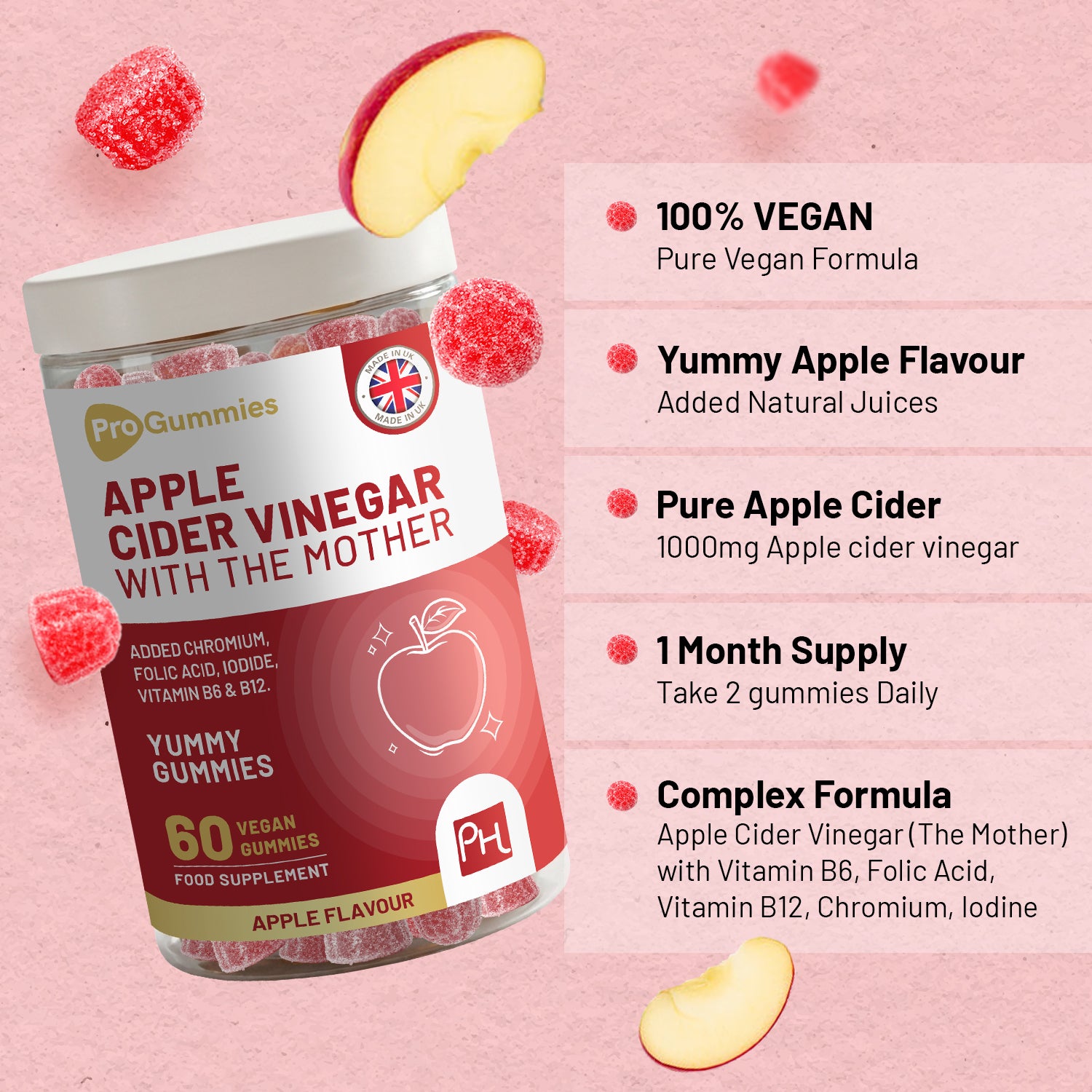 Prowise Healthcare Apple Cider Vinegar Gummies with The Mother 1000mg, Vitamin B12, Vitamin B6, Folic Acid, Chromium & Iodine, 60 Vegan Gummies, Apple Flavour, Made in UK
