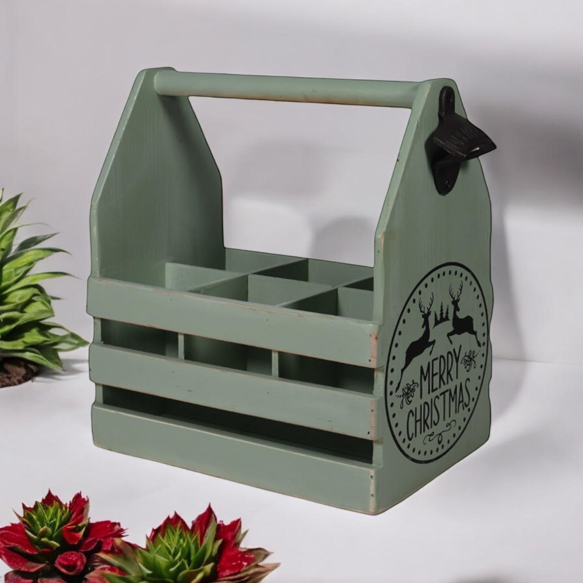 Rustic Green 6-Bottle Holder with Opener Hand Finished Wine Caddy for Beer Lovers