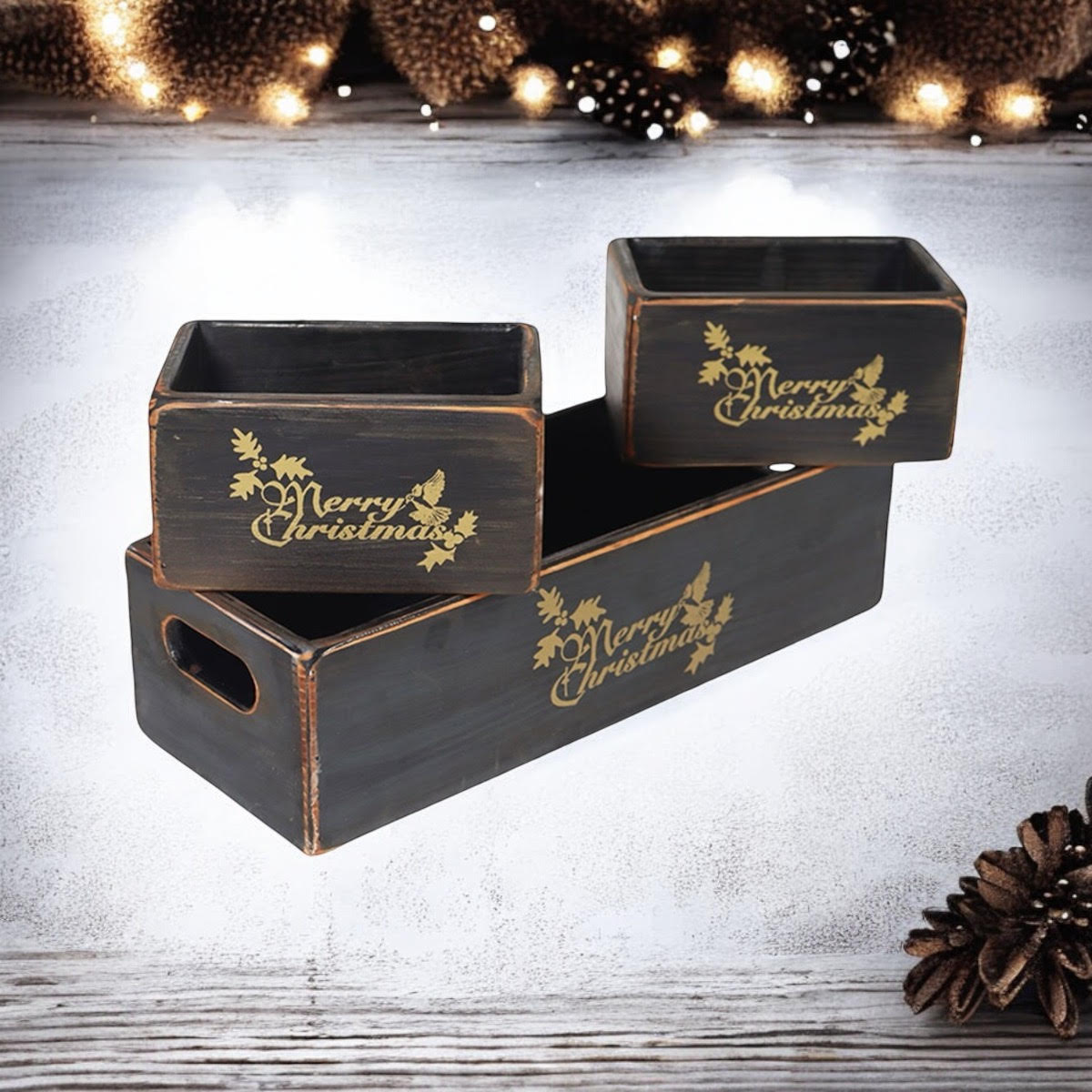 Set of 3 Hand Finished Black Christmas Wooden Boxes 34/15/15cm