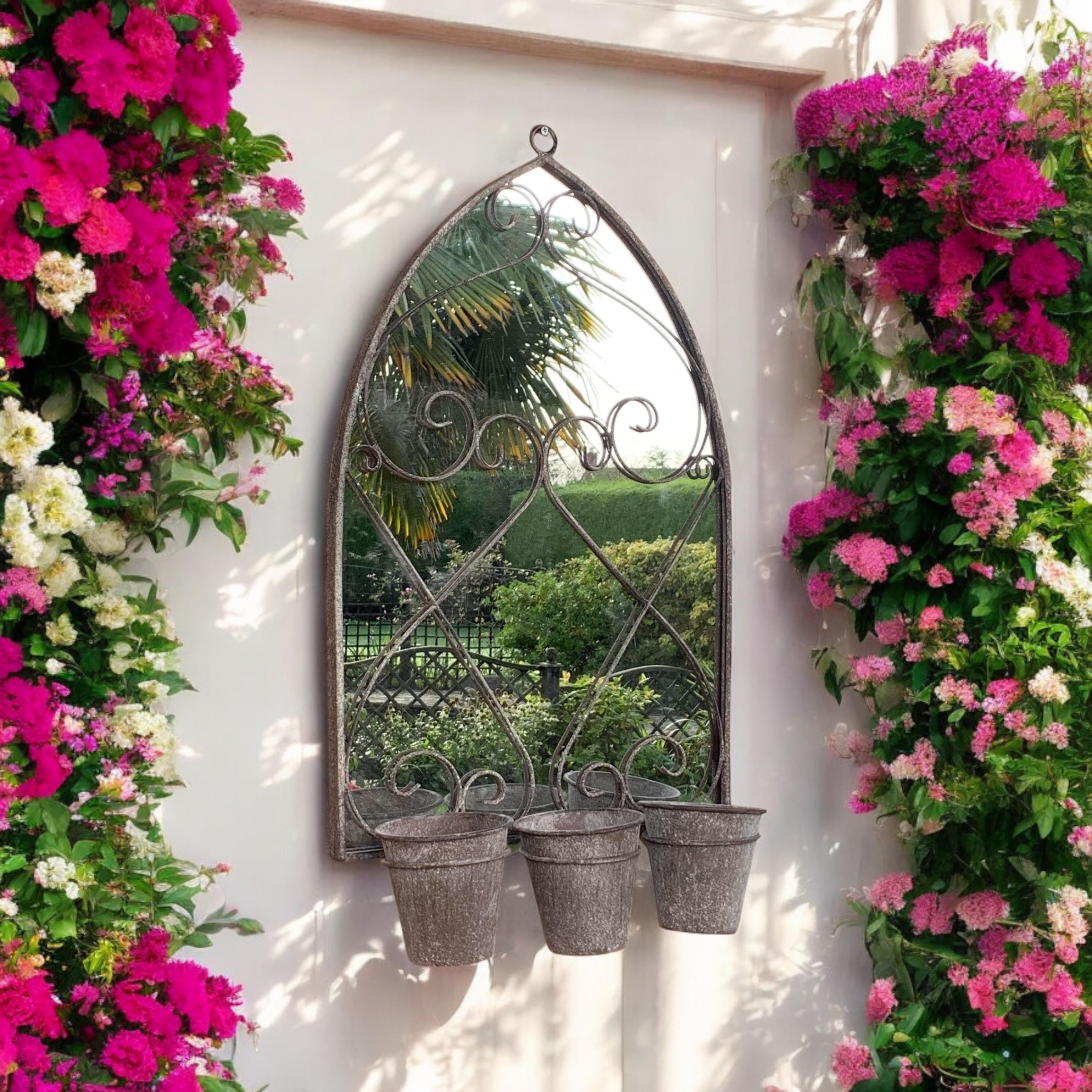 MSL 73cm Rusty Wall Mirror with 3 Planter Holders and Pot