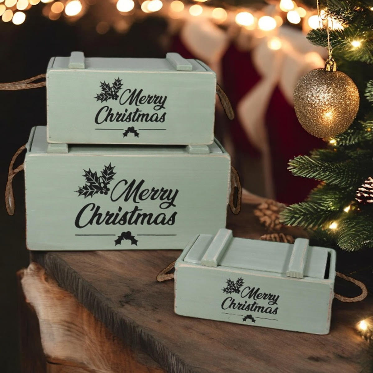 MSL Set of 3 Rustic Green Wooden Christmas Crates with Lids and Rope Handles, Hand Finished