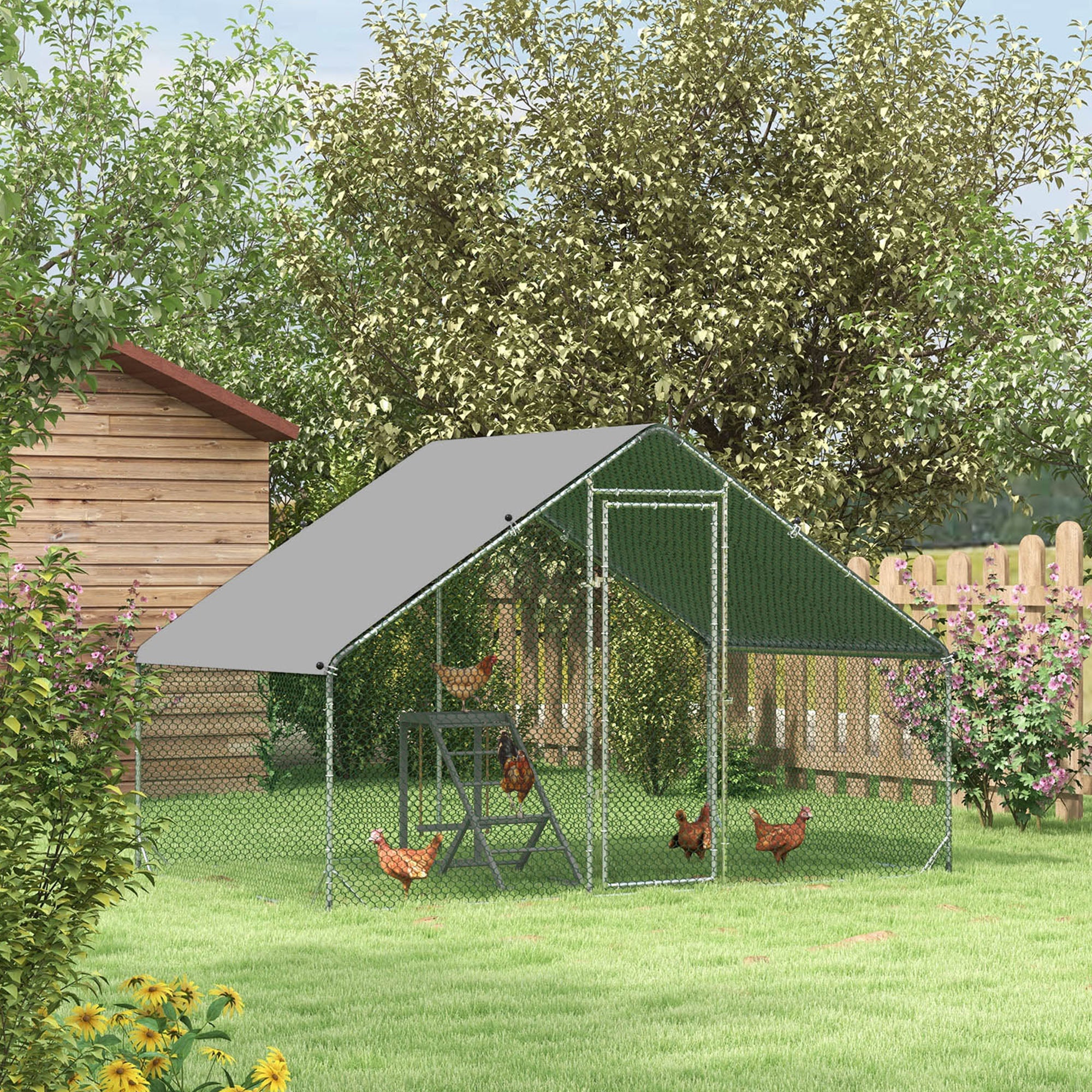 PawHut Walk-In Chicken Run Galvanized Steel Chicken Coop Hen House with Water-Resistant Cover