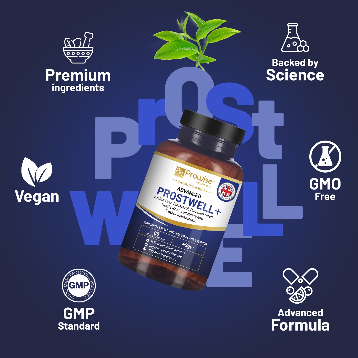 Advanced Prostwell Plus 60 Vegan Capsules with Beta Sitosterol, Pumpkin Seed, Nettle Root and Lycopene by Prowise Healthcare