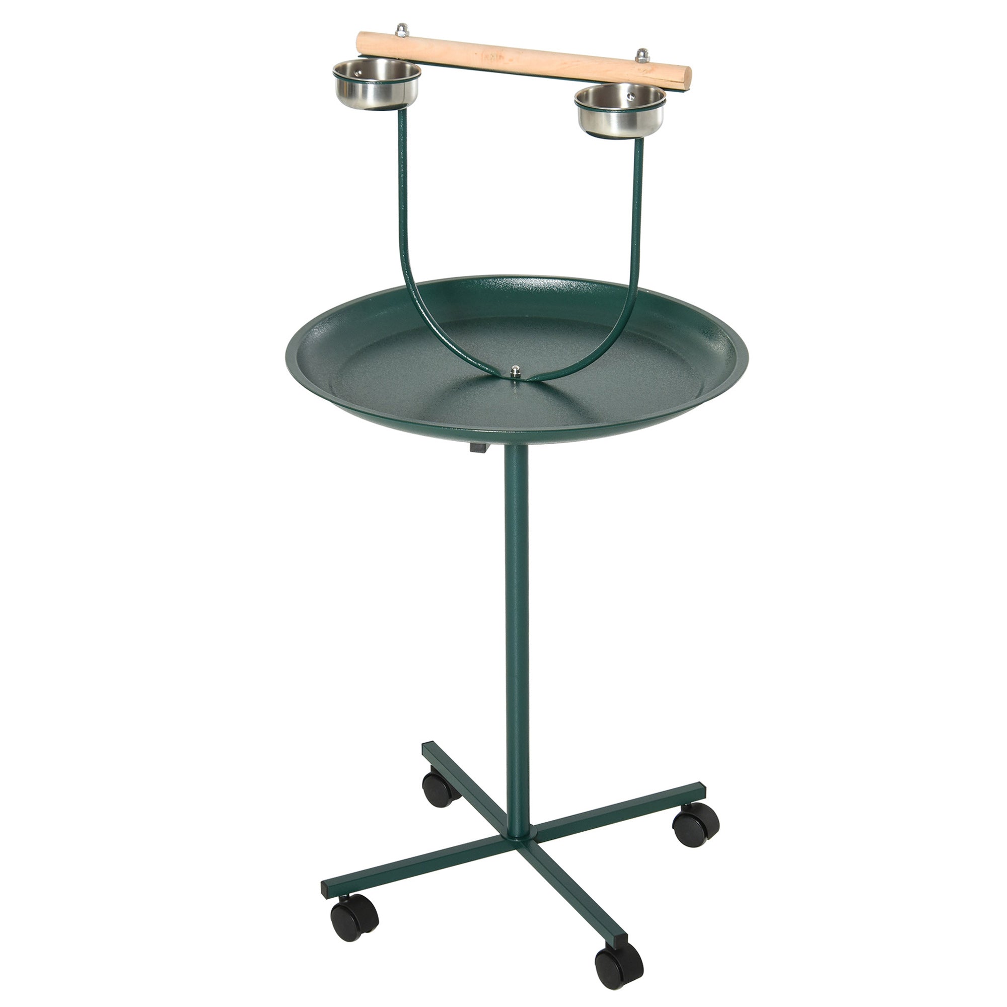 PawHut Bird Perch Stand with Wheels, Tray, Bowls, Wood Perch