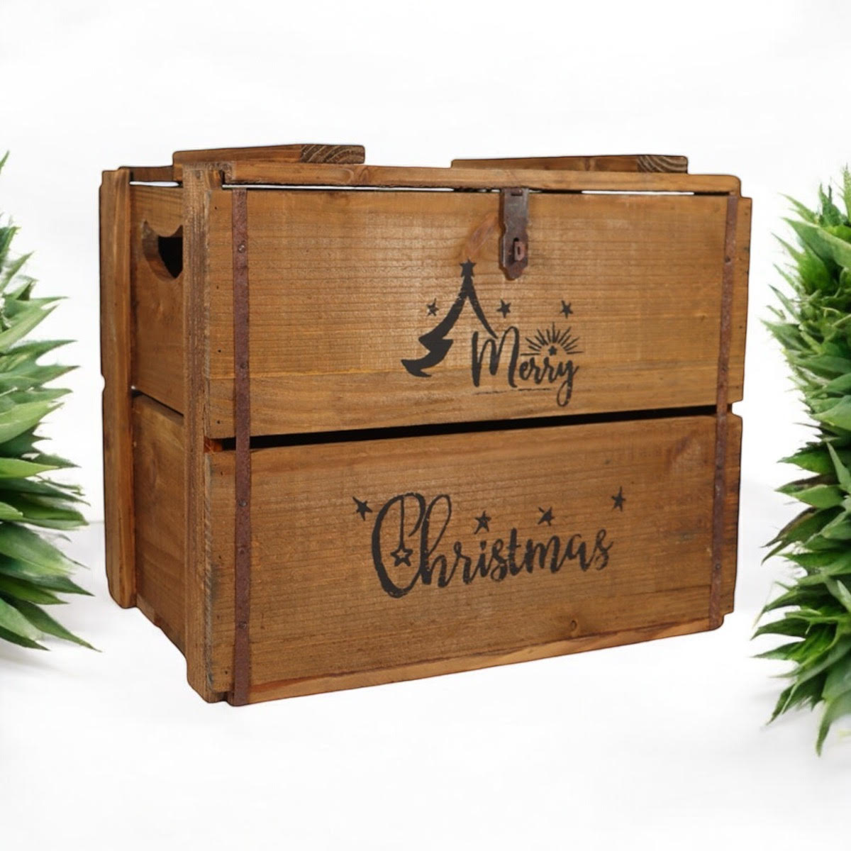 MSL 42CM Wooden Merry Christmas Box with Lift-Up Lid, Hand Finished