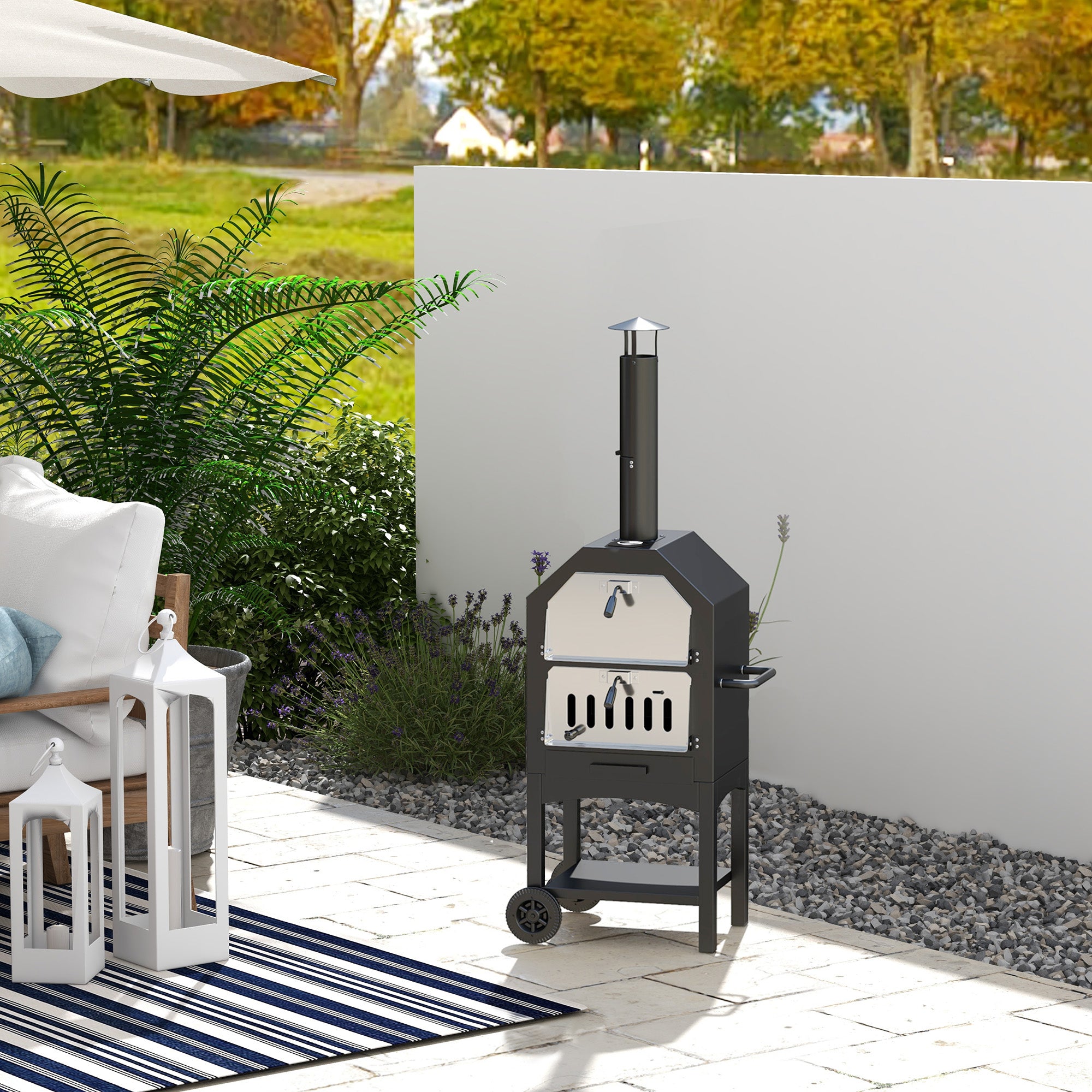 Outsunny Stainless Steel Outdoor Charcoal Pizza Oven with Thermometer and Chimney
