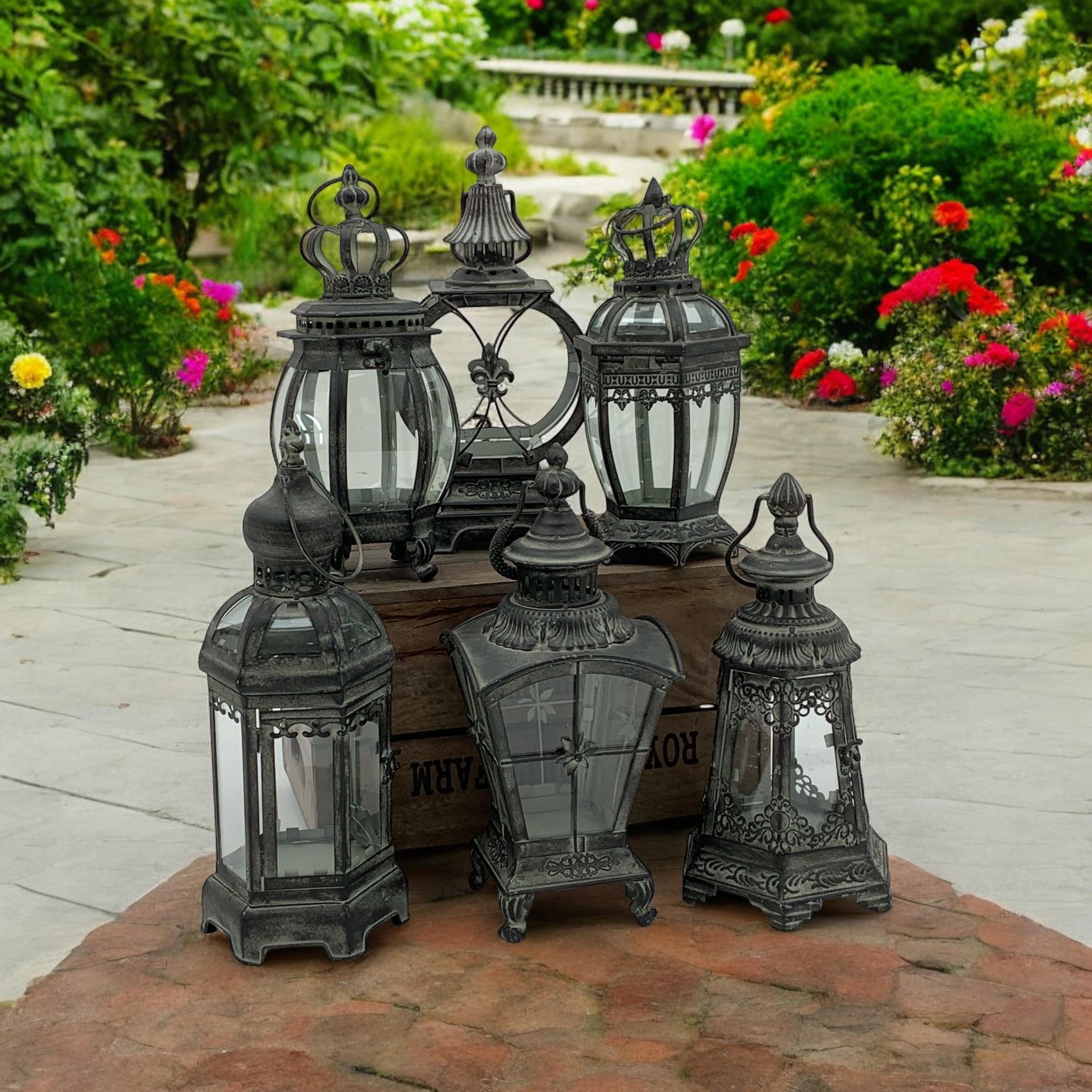 MSL 40cm Bronzed Metal Garden Lanterns Set of 6 Assorted