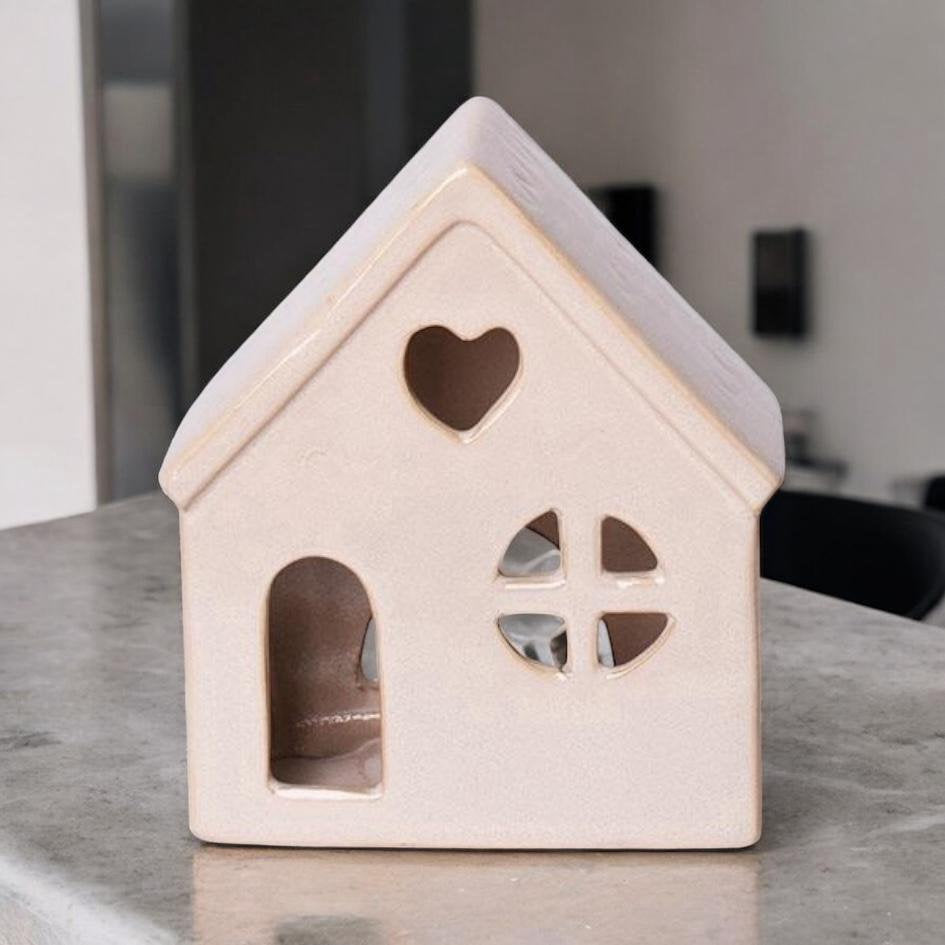 MSL 17cm Cream Ceramic House Tealight Holder for Indoor or Outdoor Use