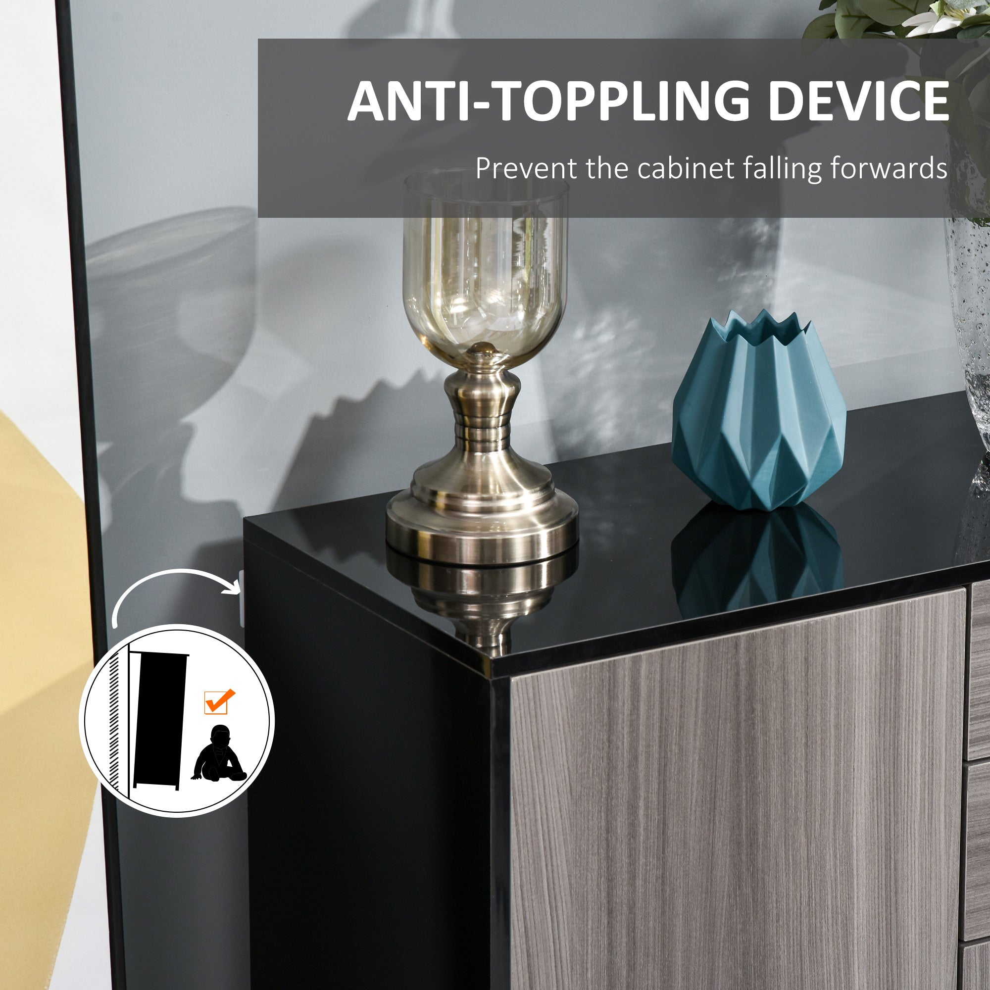 Side Cabinet with 2 Doors and 2 Drawers, Freestanding Home Office Storage Cabinet, Grey Black