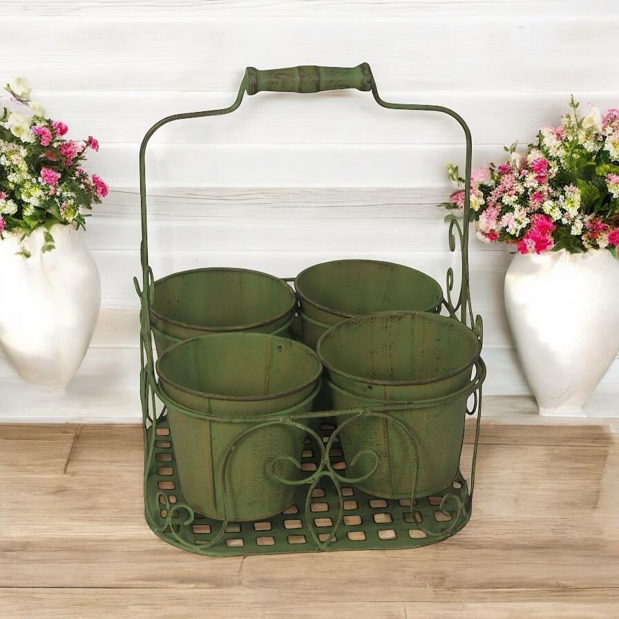 MSL Decorative Basket Pot Holder with Handle for 4 Pots, Indoor or Outdoor