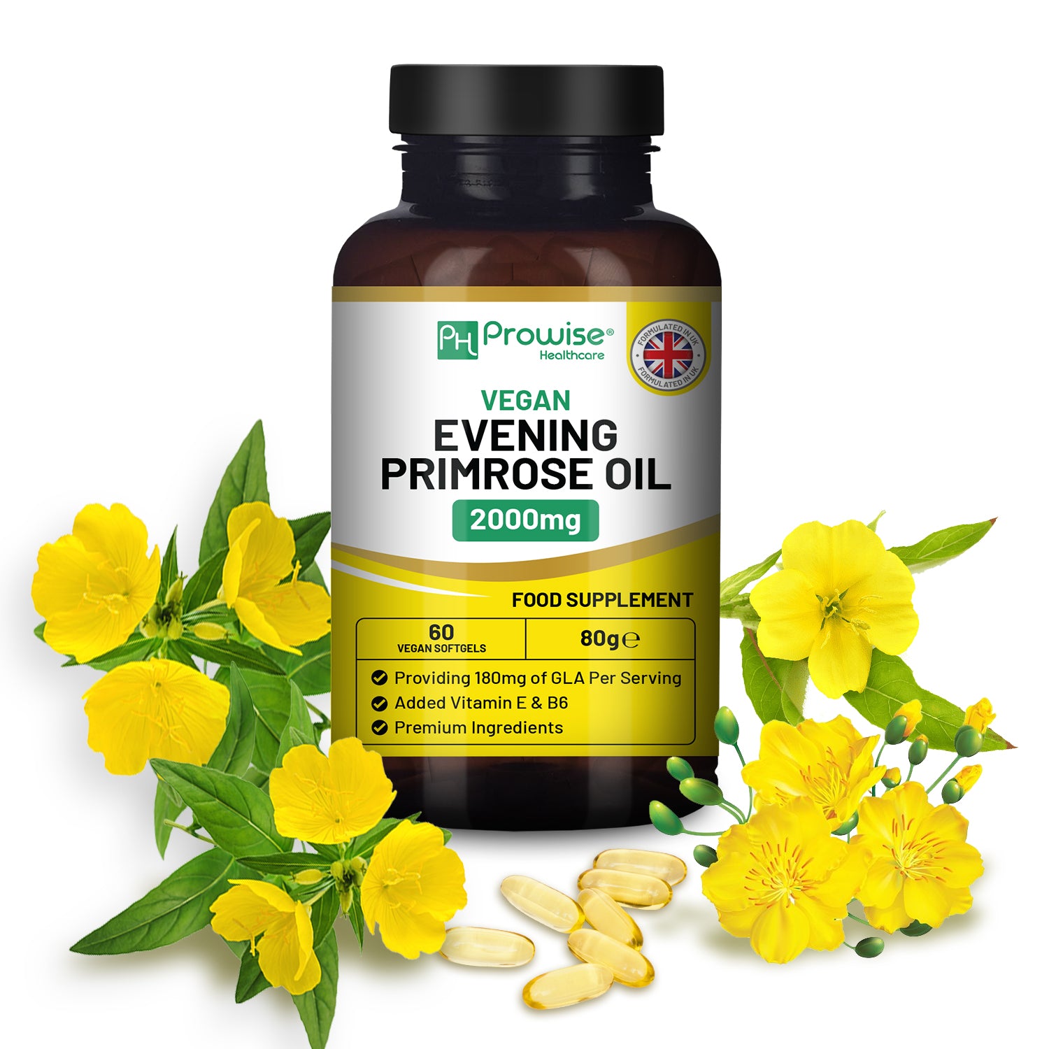 Prowise Healthcare Vegan Evening Primrose Oil 2000mg with Vitamin E & B6, 60 Vegan Softgels, Pure Cold Pressed, 180mg GLA per Capsule, Women's Health