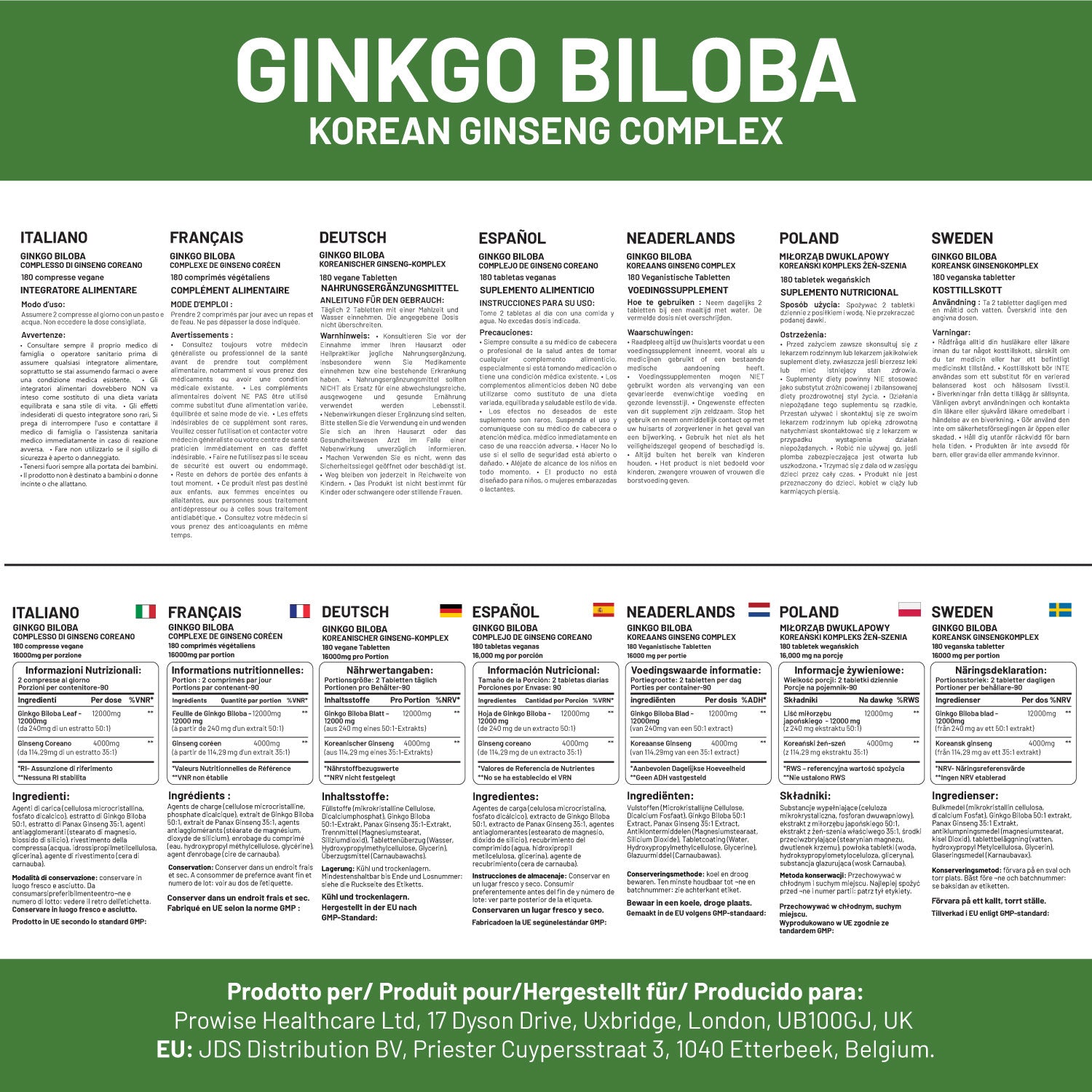 Prowise Ginkgo Biloba & Korean Ginseng 16000mg Vegan Tablets 180