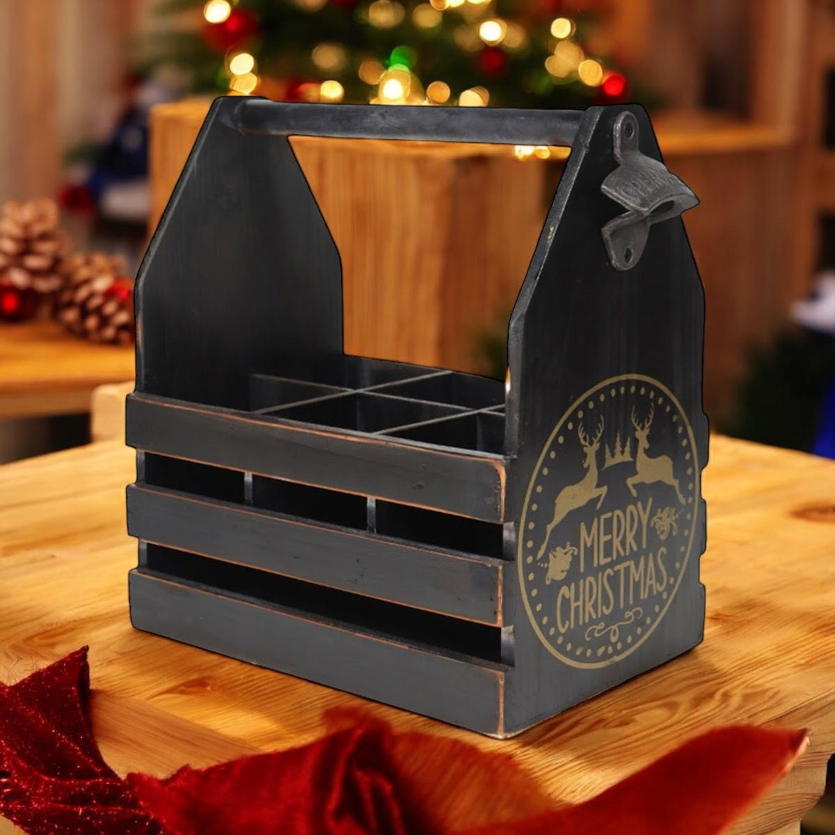 Black Rustic 6 Bottle Holder with Metal Opener, Hand Finished