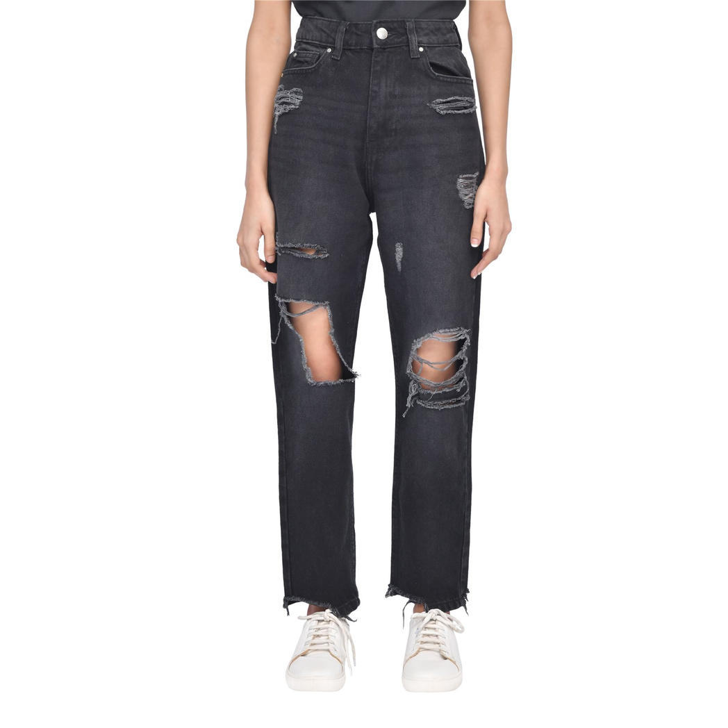 M17 Torn Hem Rip High Waisted Mom Jeans Black